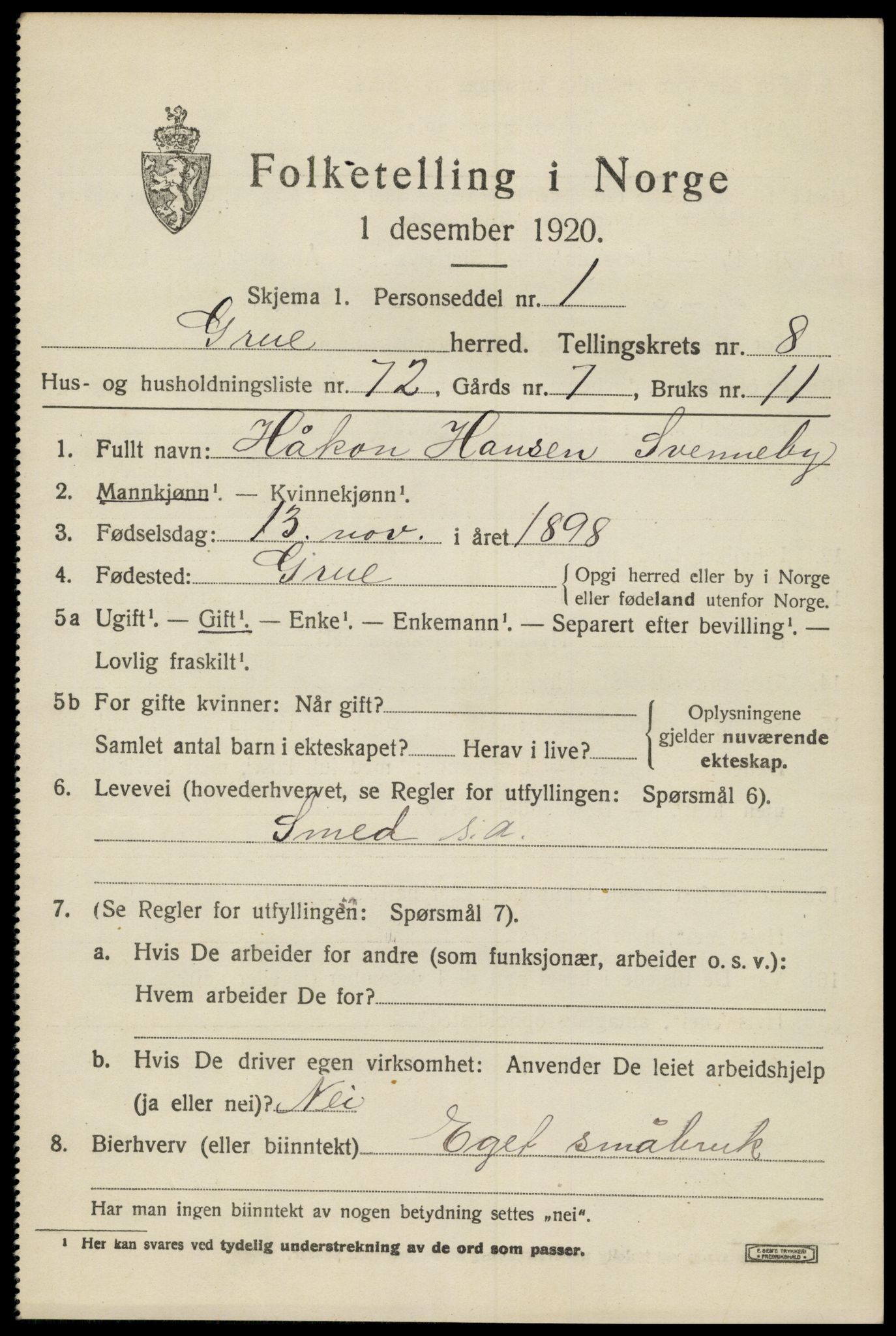 SAH, 1920 census for Grue, 1920, p. 7731