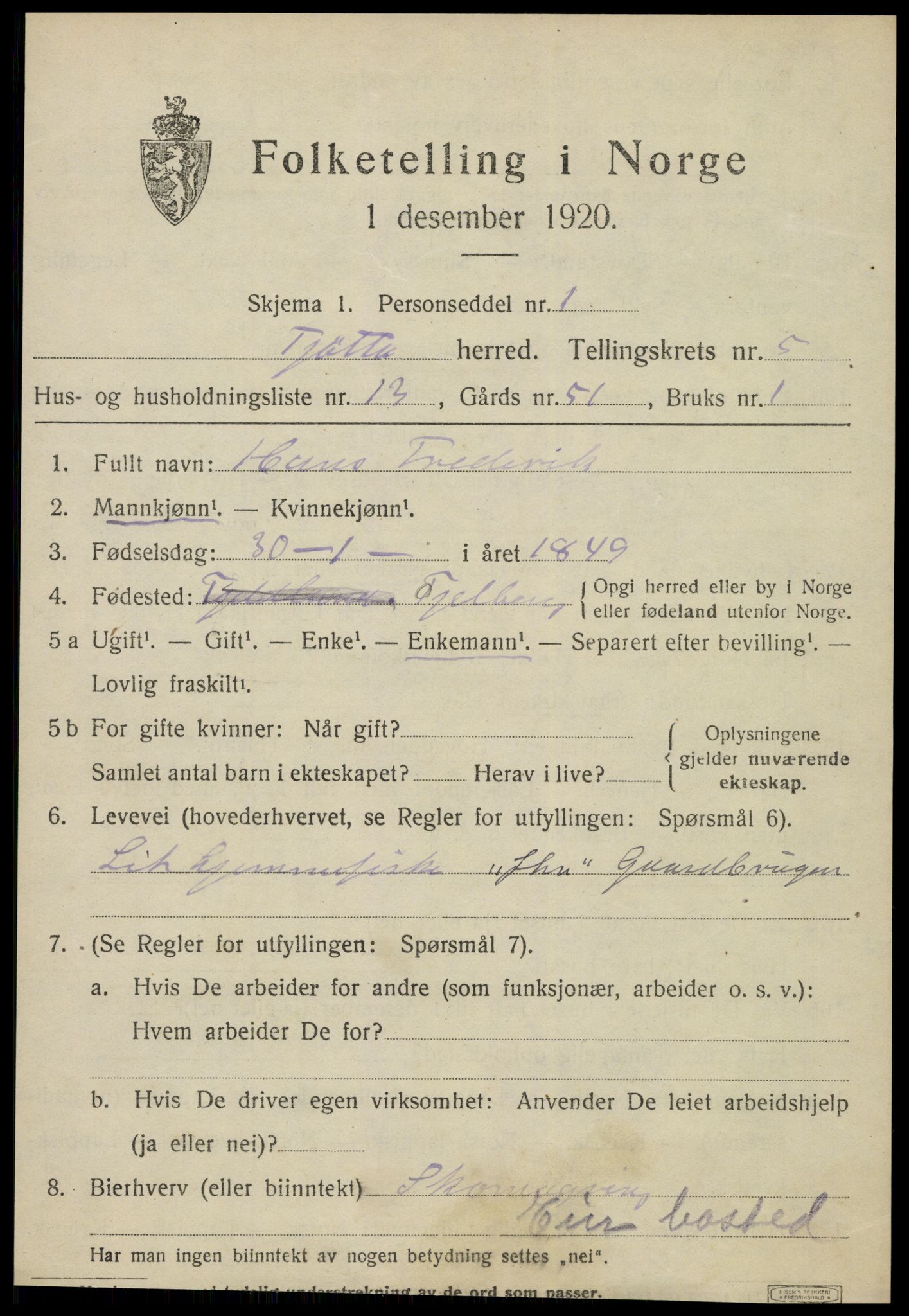 SAT, 1920 census for Tjøtta, 1920, p. 2159