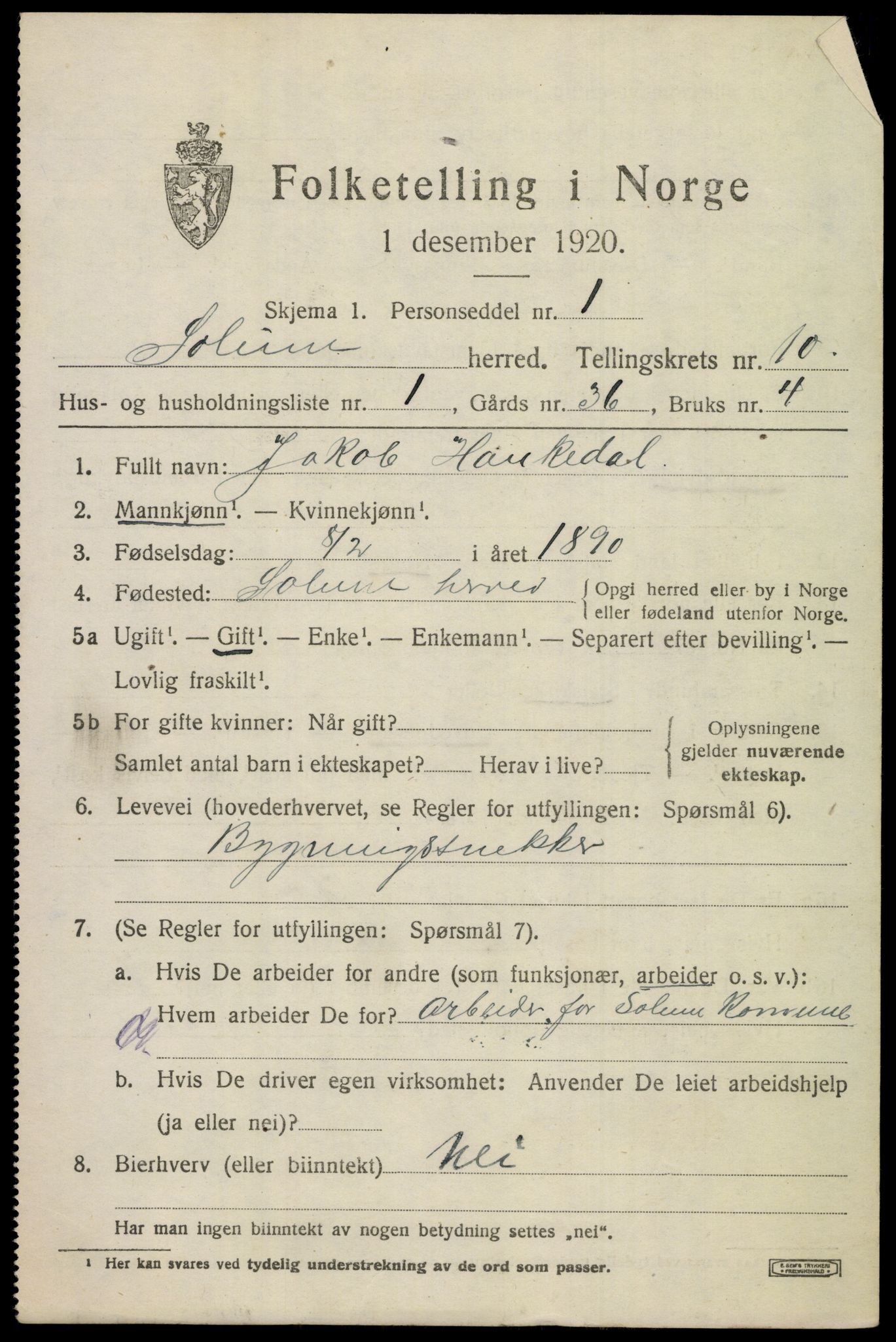 SAKO, 1920 census for Solum, 1920, p. 15336