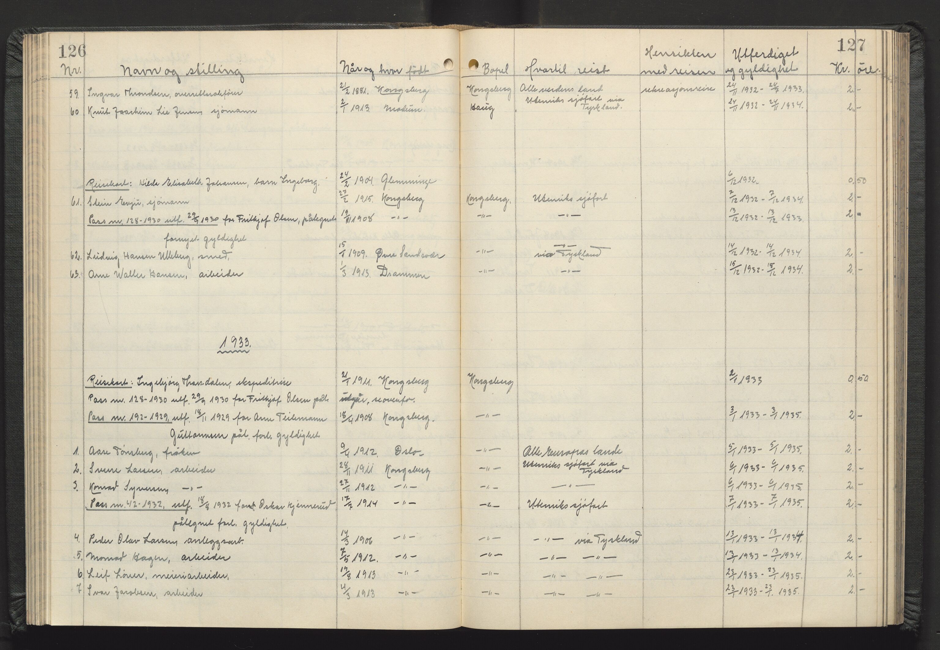 Kongsberg politikammer, AV/SAKO-A-624/I/Ib/Iba/L0004: Passprotokoll, 1927-1946, p. 126-127