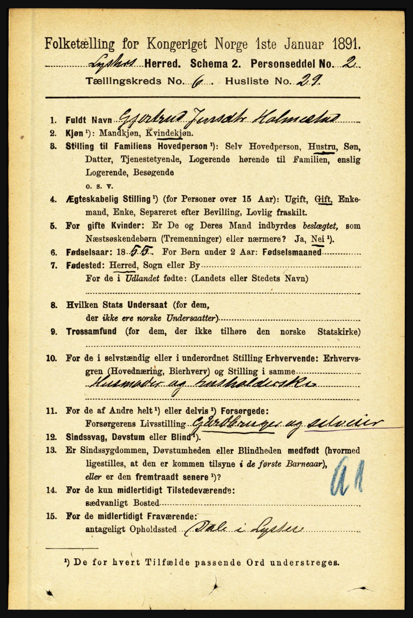 RA, 1891 census for 1426 Luster, 1891, p. 2293