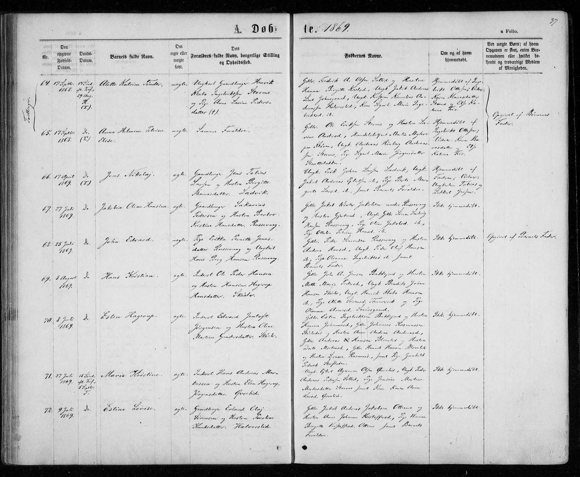 Tranøy sokneprestkontor, AV/SATØ-S-1313/I/Ia/Iaa/L0008kirke: Parish register (official) no. 8, 1867-1877, p. 37