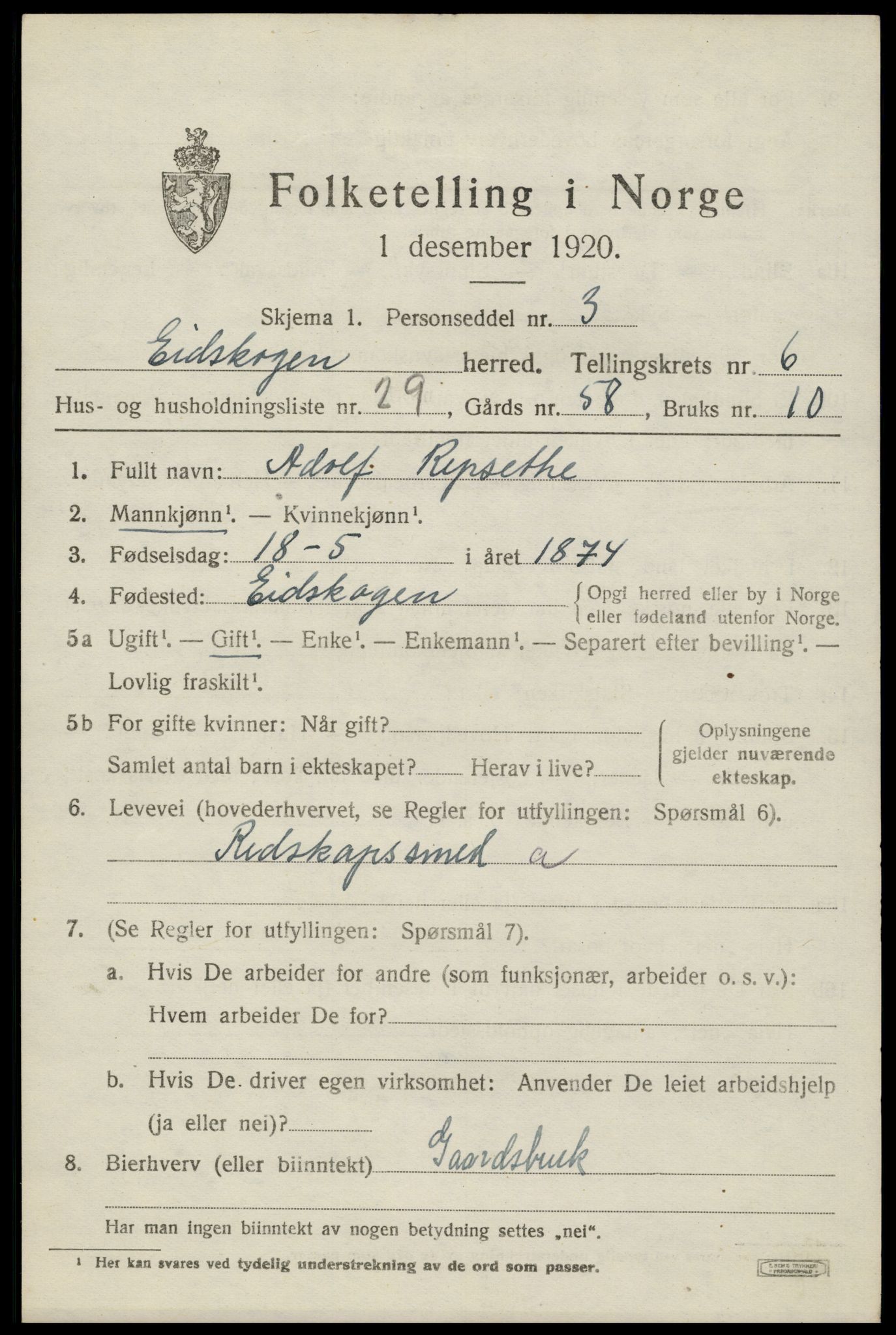 SAH, 1920 census for Eidskog, 1920, p. 6713