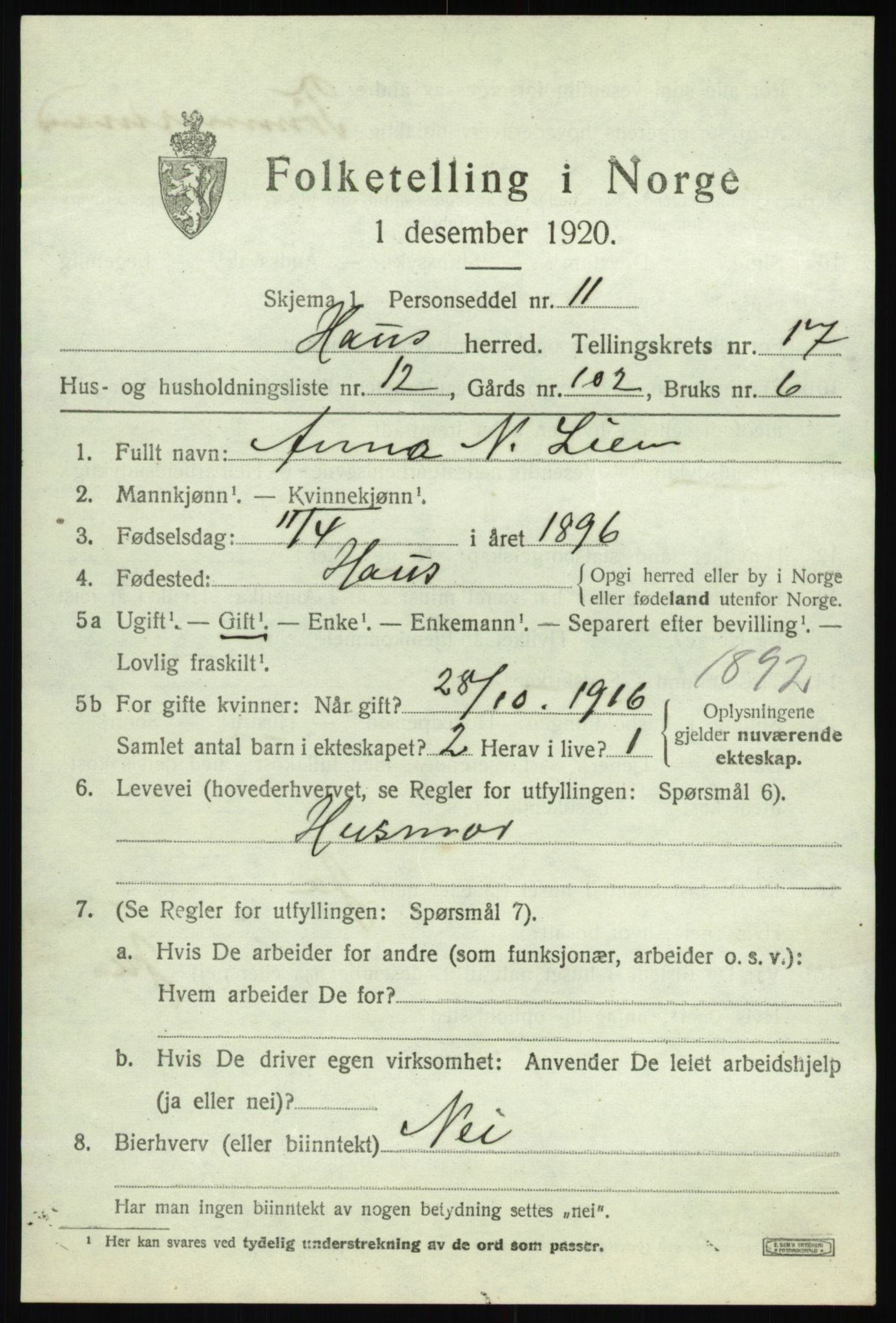 SAB, 1920 census for Haus, 1920, p. 10960