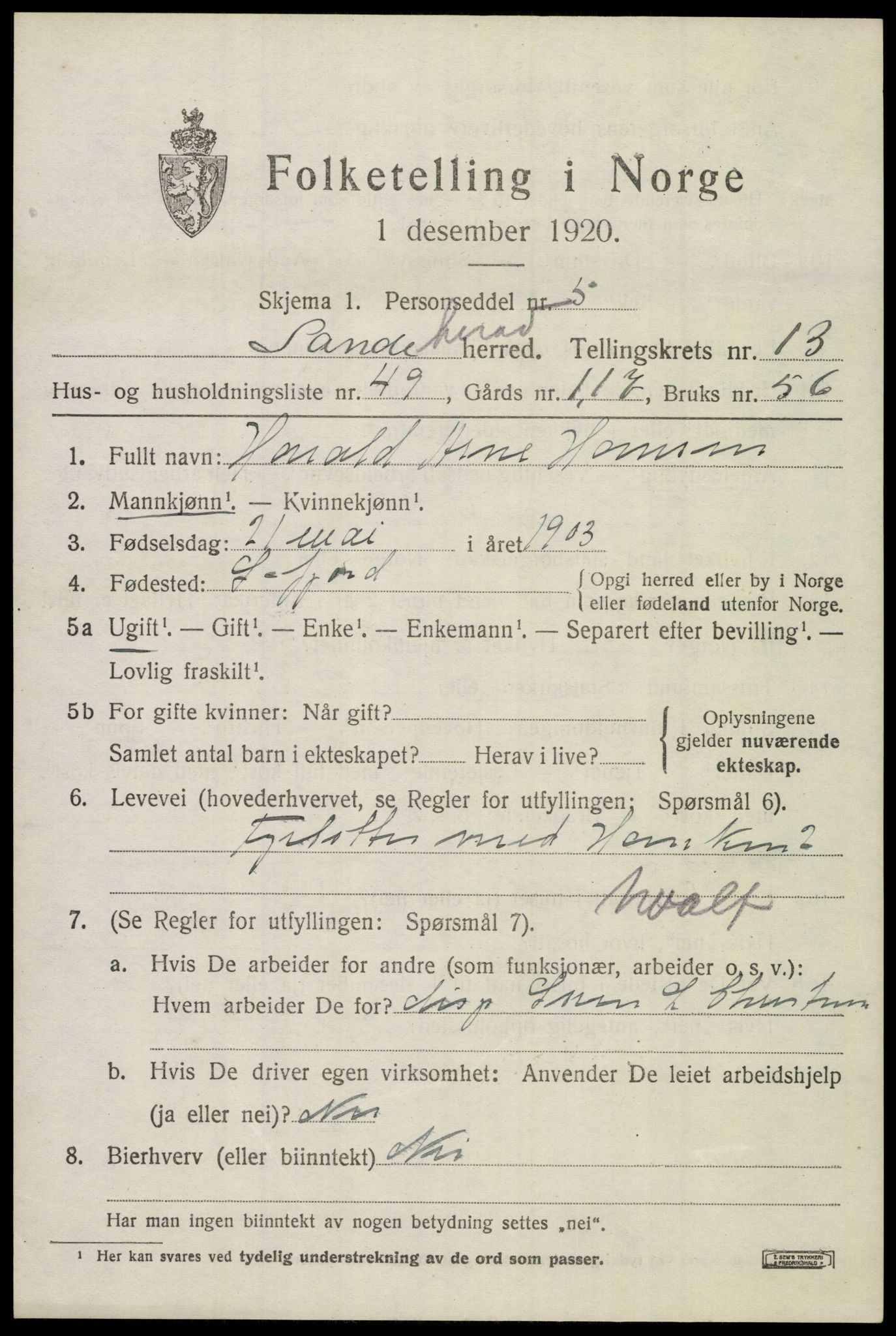 SAKO, 1920 census for Sandeherred, 1920, p. 19908