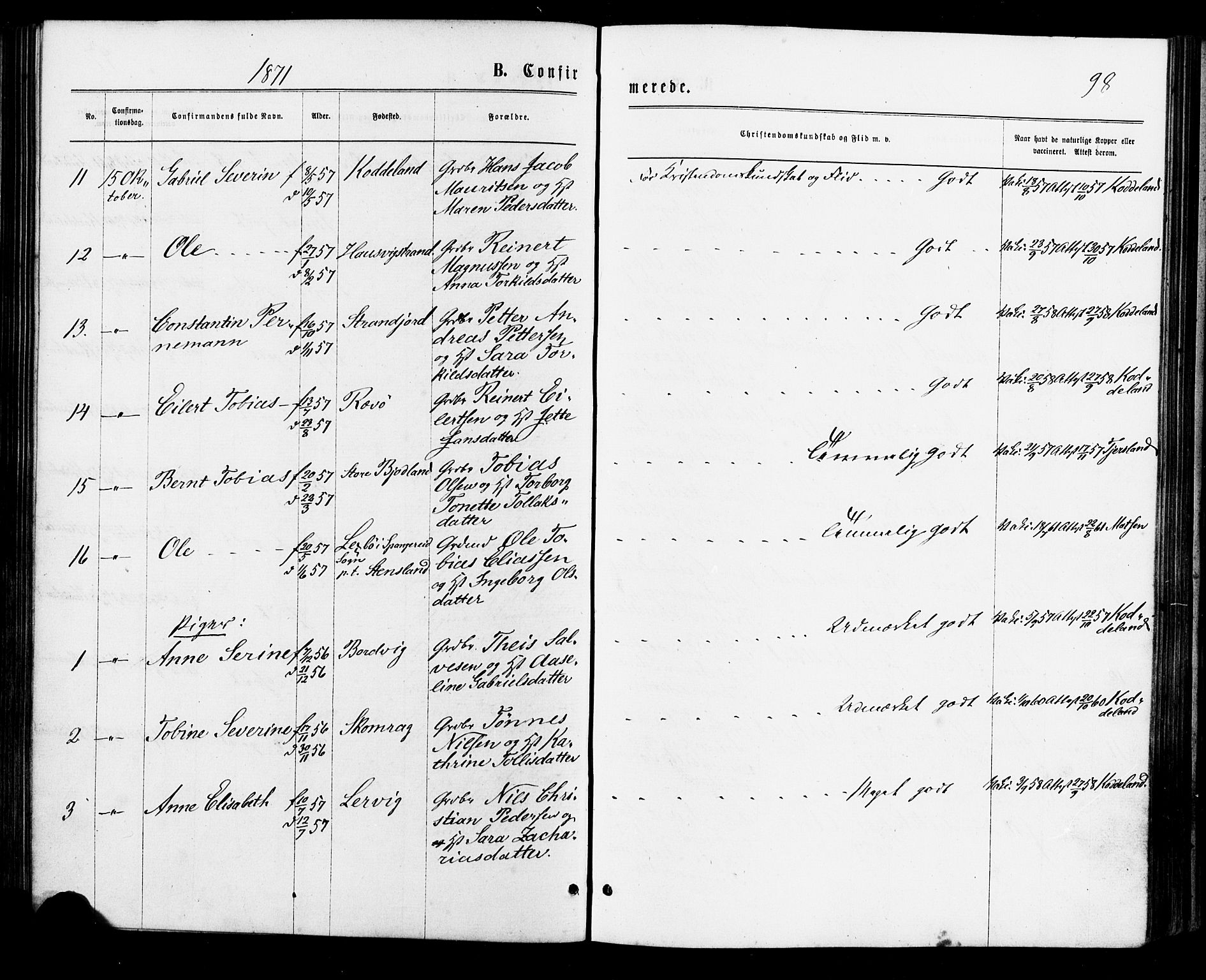 Lyngdal sokneprestkontor, AV/SAK-1111-0029/F/Fa/Faa/L0003: Parish register (official) no. A 3, 1871-1882, p. 98