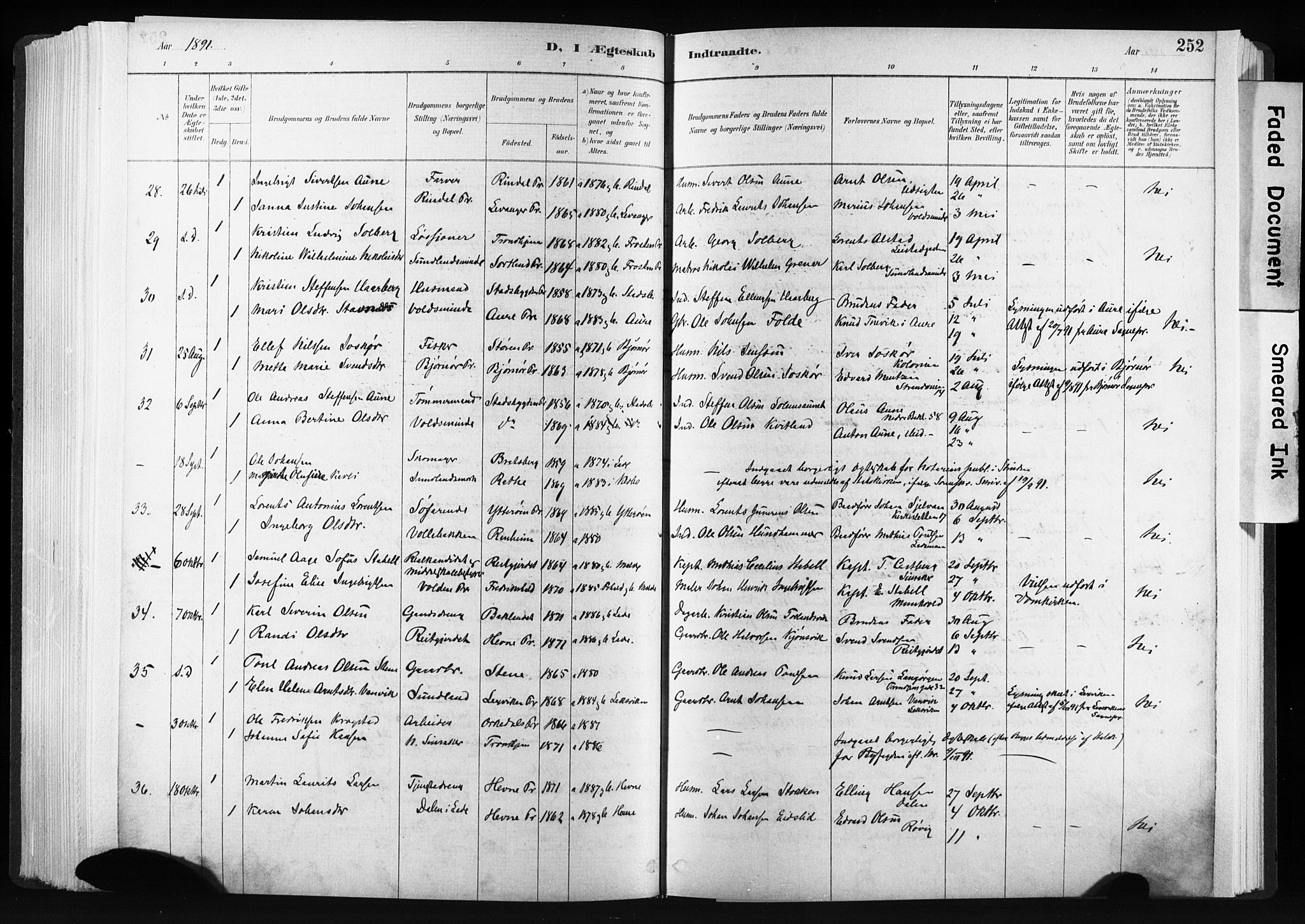 Ministerialprotokoller, klokkerbøker og fødselsregistre - Sør-Trøndelag, AV/SAT-A-1456/606/L0300: Parish register (official) no. 606A15, 1886-1893, p. 252