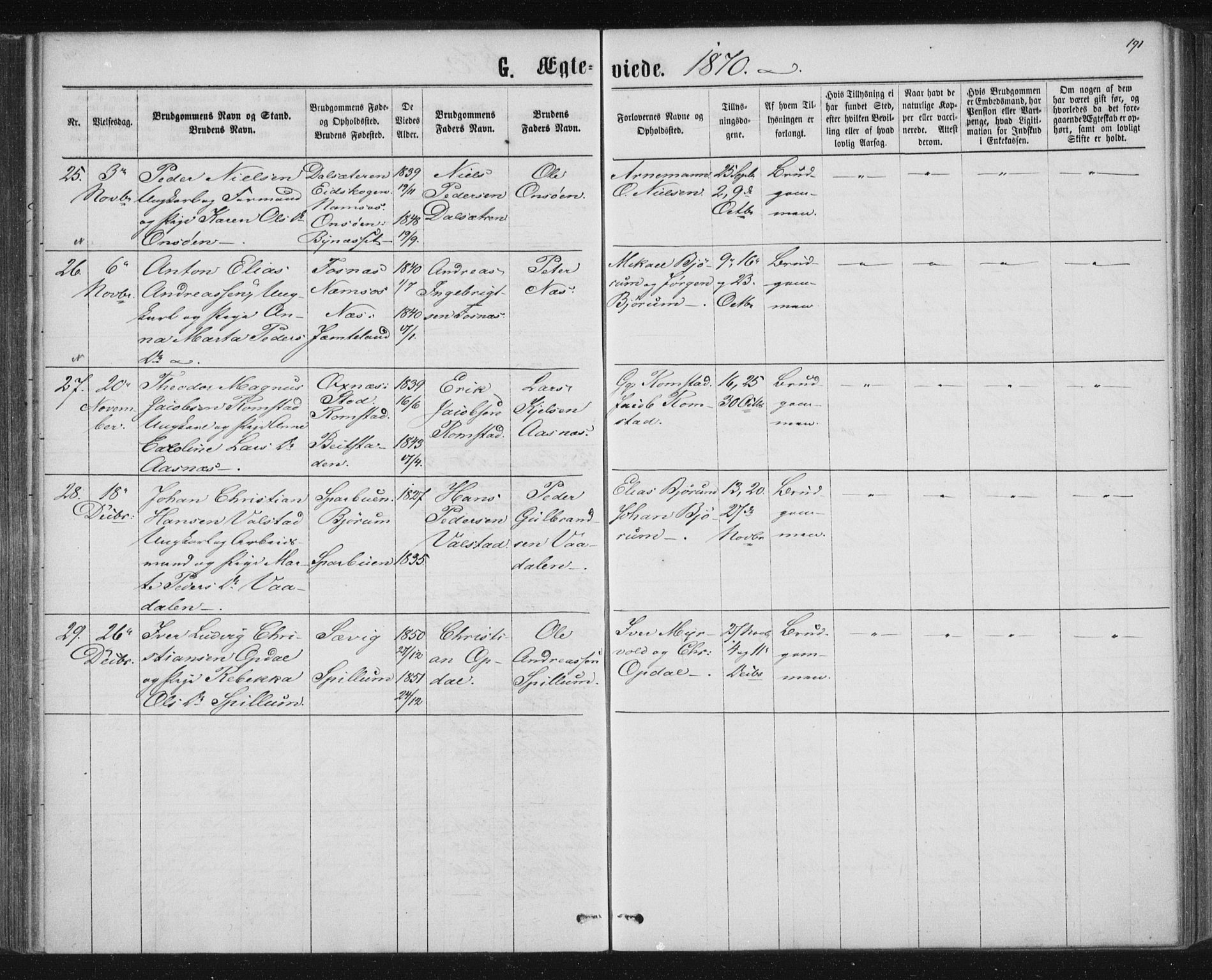 Ministerialprotokoller, klokkerbøker og fødselsregistre - Nord-Trøndelag, SAT/A-1458/768/L0570: Parish register (official) no. 768A05, 1865-1874, p. 191