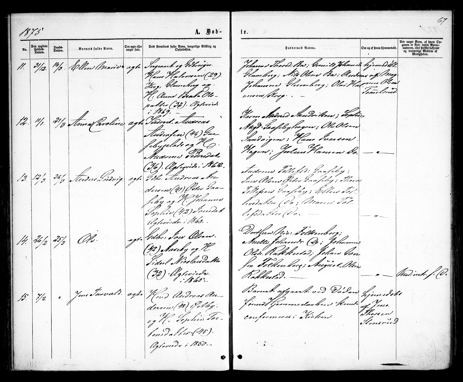 Rødenes prestekontor Kirkebøker, AV/SAO-A-2005/F/Fa/L0008: Parish register (official) no. I 8, 1869-1879, p. 67