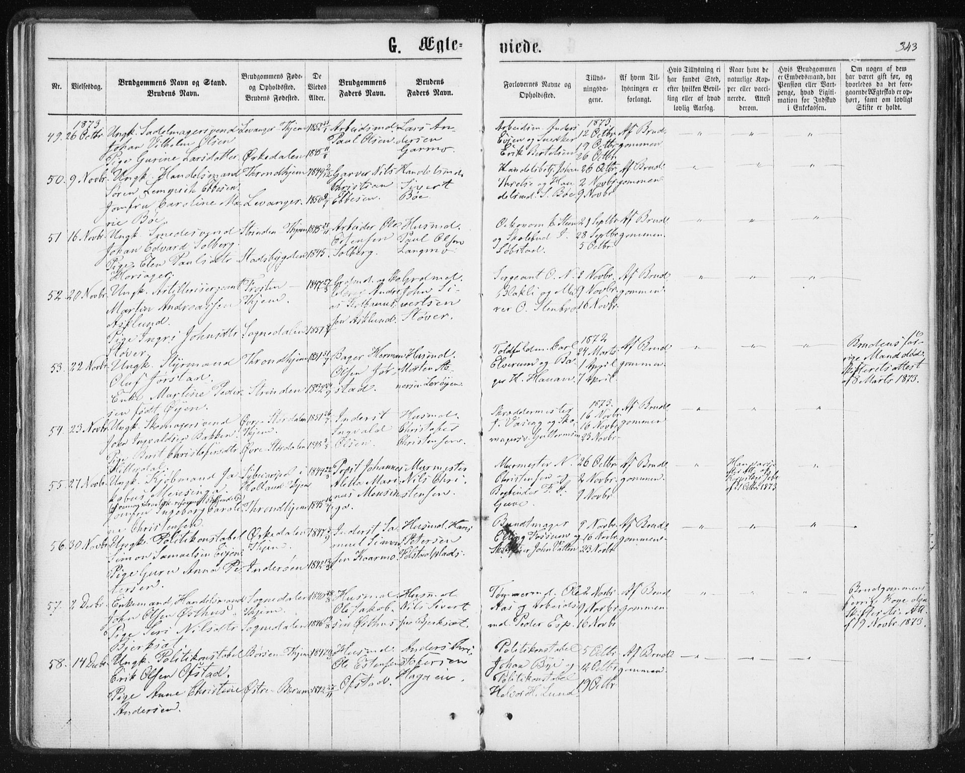 Ministerialprotokoller, klokkerbøker og fødselsregistre - Sør-Trøndelag, SAT/A-1456/601/L0055: Parish register (official) no. 601A23, 1866-1877, p. 343