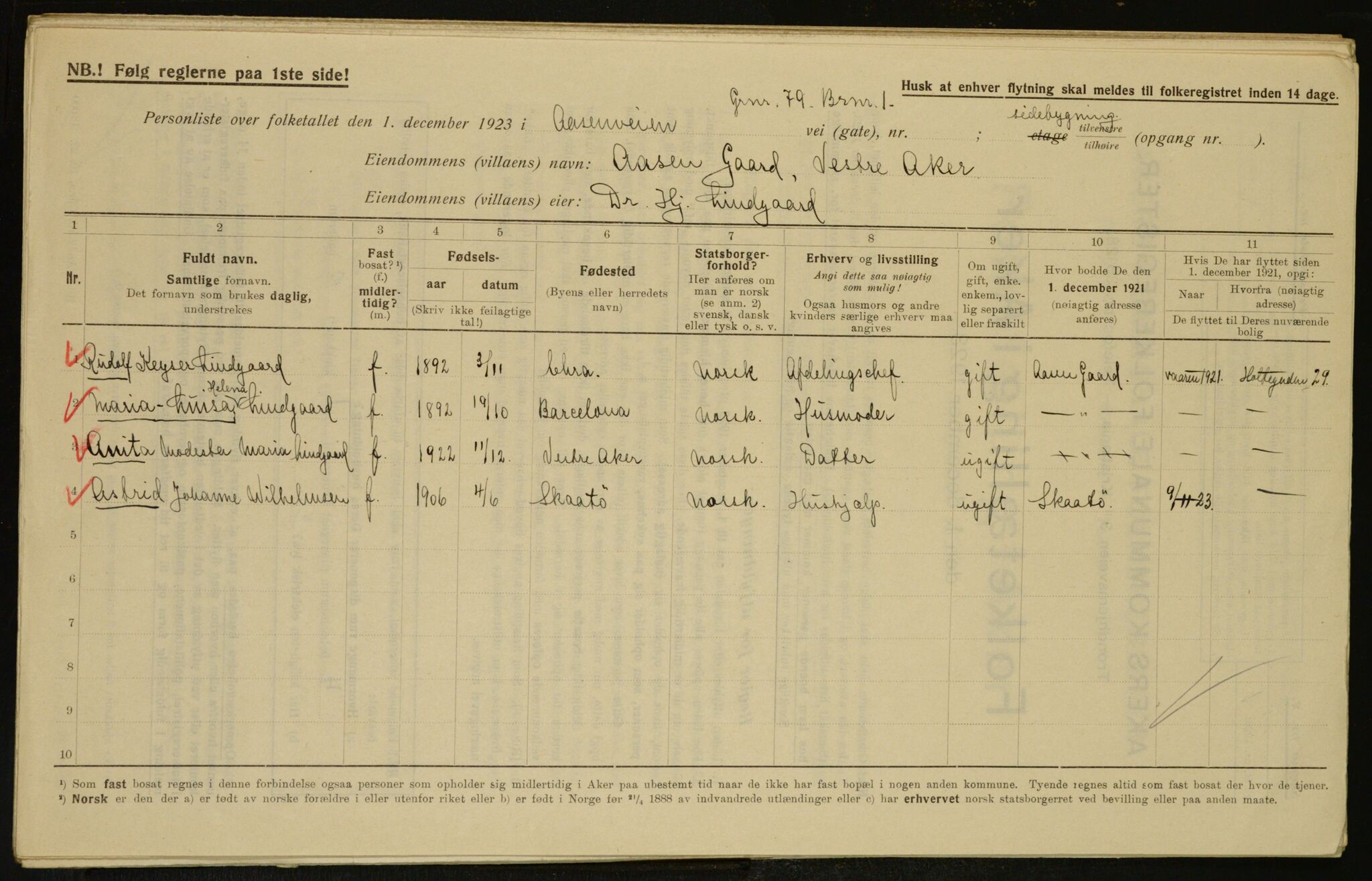 , Municipal Census 1923 for Aker, 1923, p. 7394