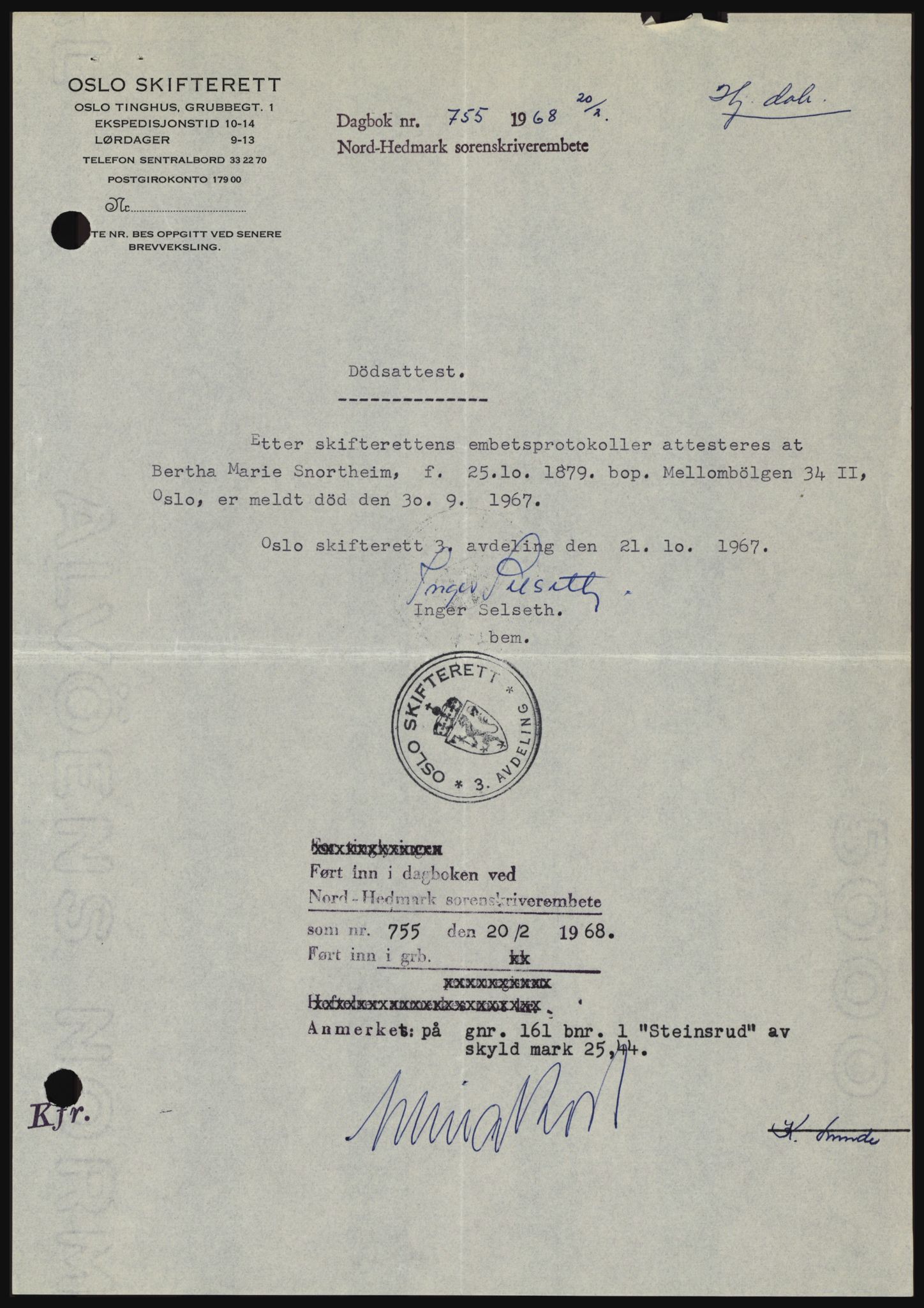 Nord-Hedmark sorenskriveri, SAH/TING-012/H/Hc/L0027: Mortgage book no. 27, 1967-1968, Diary no: : 755/1968