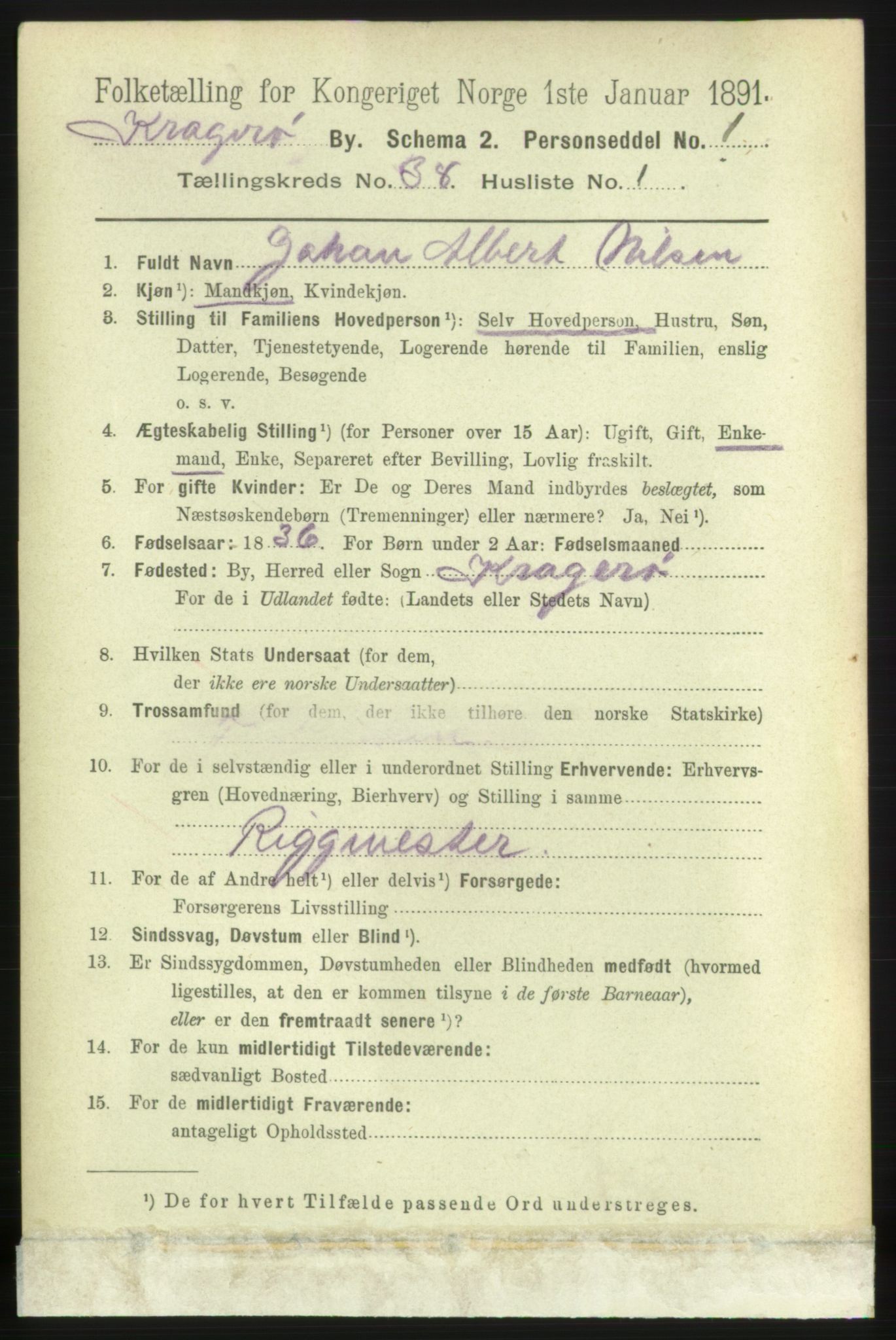 RA, 1891 census for 0801 Kragerø, 1891, p. 7124