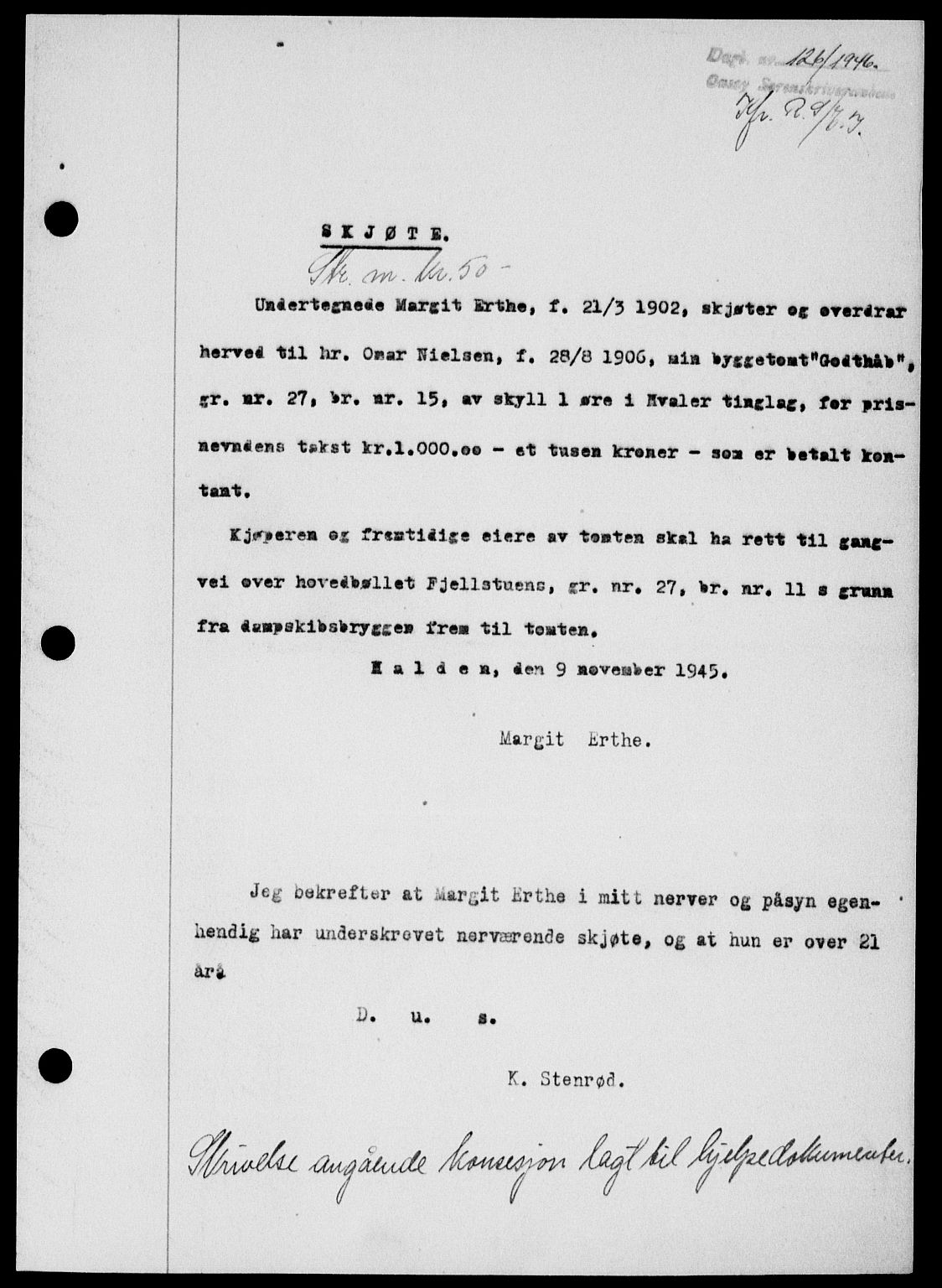 Onsøy sorenskriveri, SAO/A-10474/G/Ga/Gab/L0015: Mortgage book no. II A-15, 1945-1946, Diary no: : 126/1946