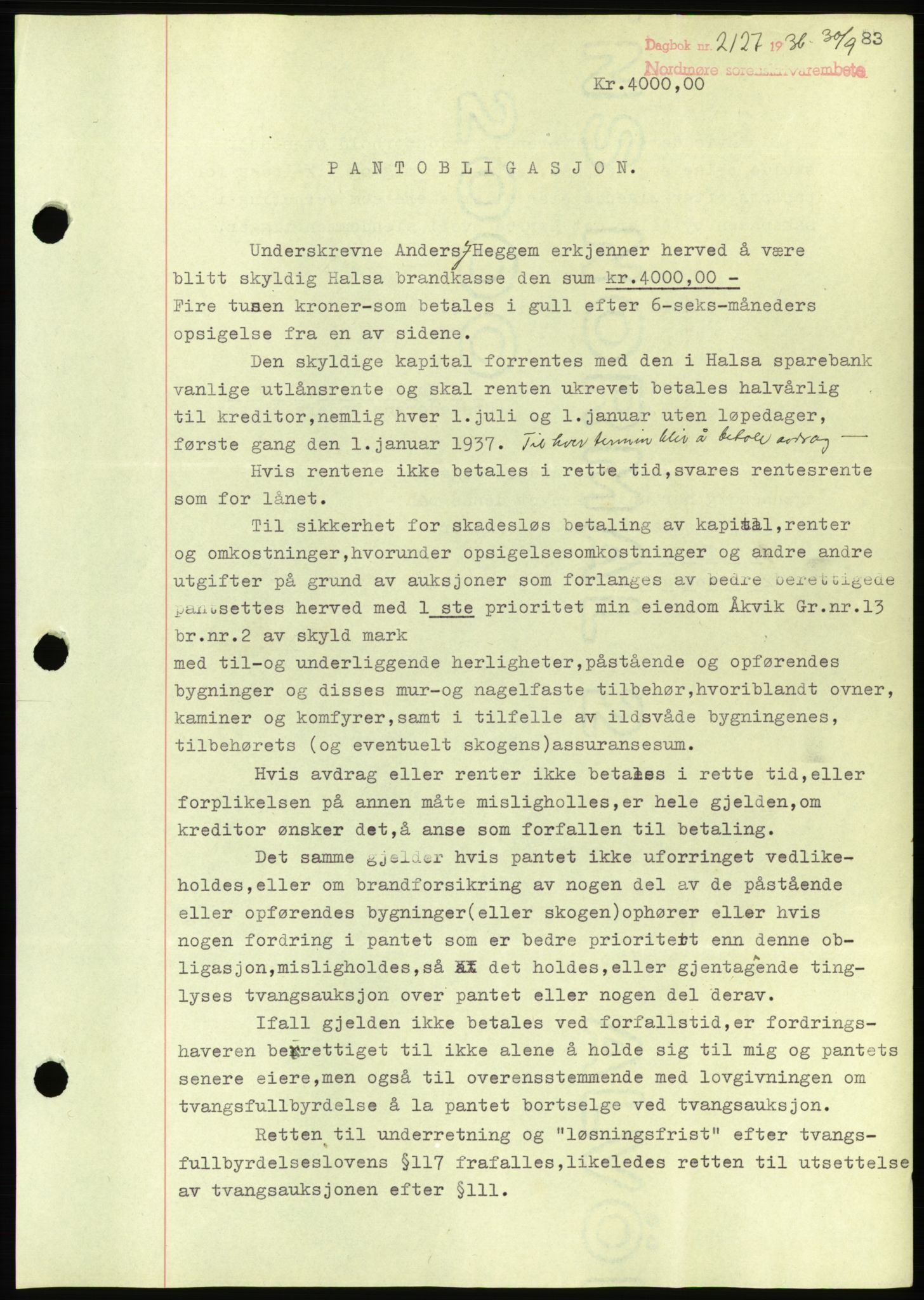 Nordmøre sorenskriveri, AV/SAT-A-4132/1/2/2Ca/L0090: Mortgage book no. B80, 1936-1937, Diary no: : 2127/1936