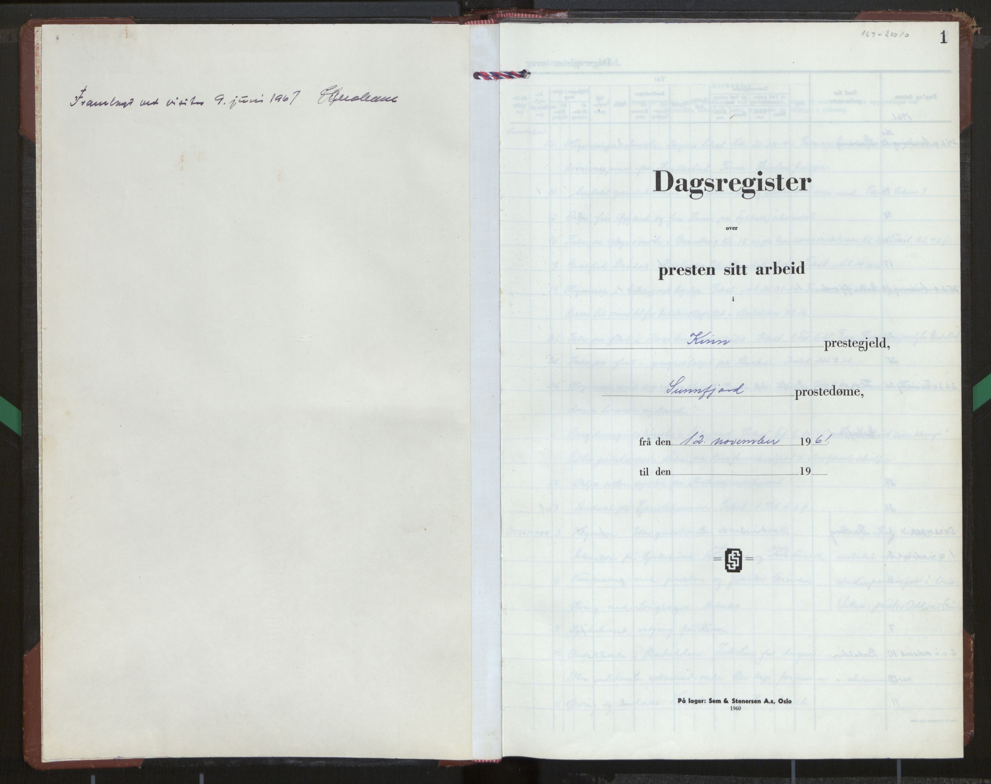 Kinn sokneprestembete, SAB/A-80801/H/Hac/L0004: Diary records no. 4, 1961-1970, p. 1