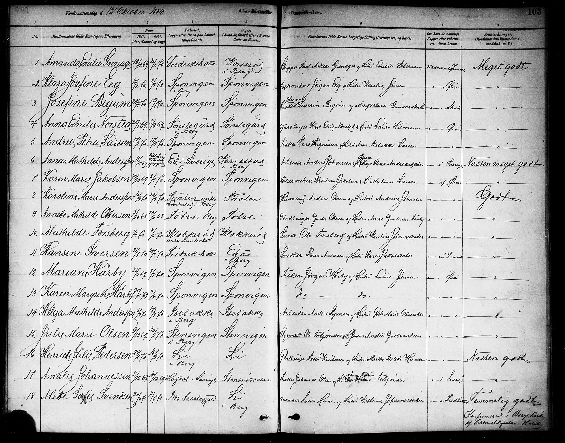 Berg prestekontor Kirkebøker, AV/SAO-A-10902/F/Fa/L0006: Parish register (official) no. I 6, 1878-1887, p. 105