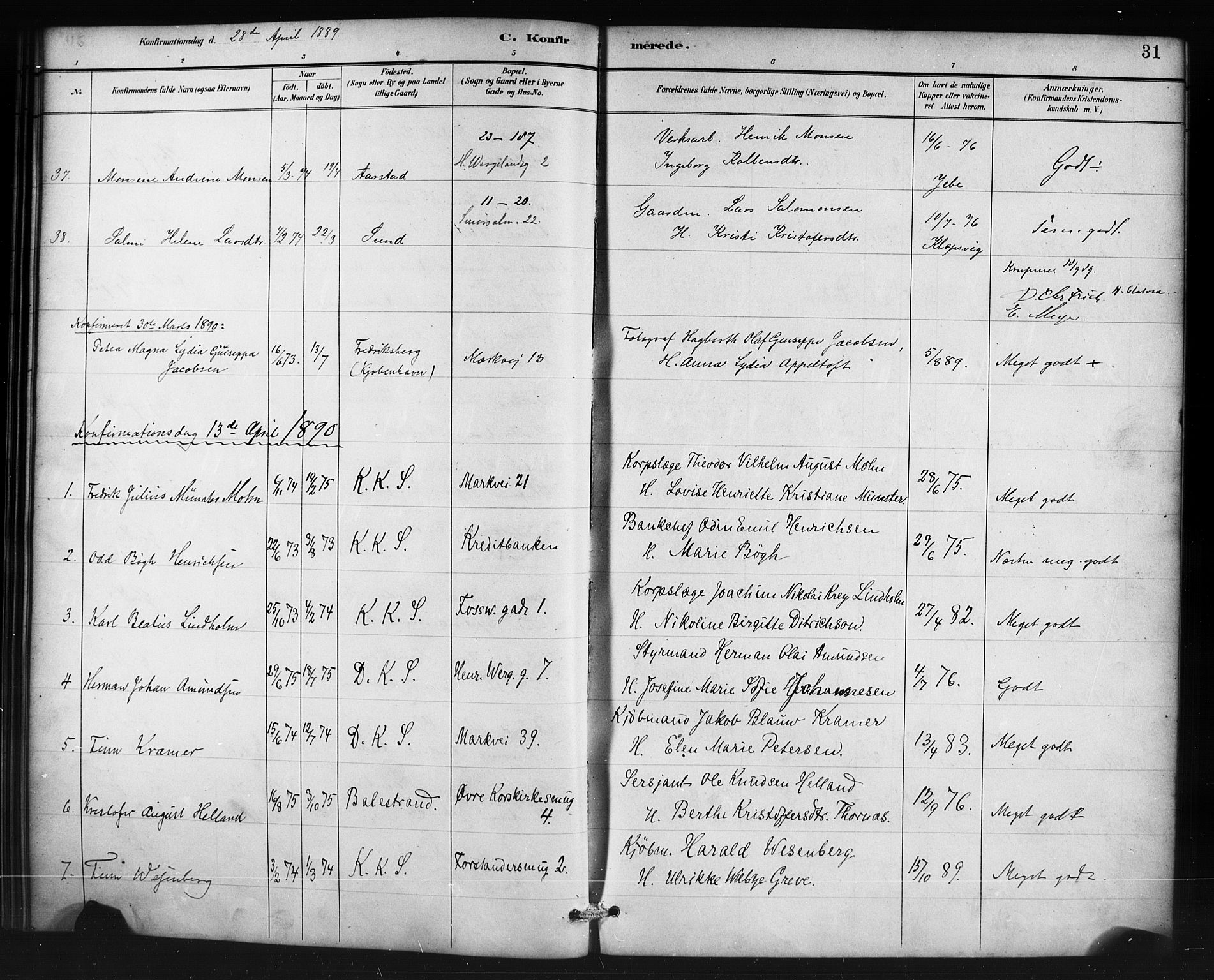 Korskirken sokneprestembete, SAB/A-76101/H/Haa/L0071: Curate's parish register no. A 6, 1885-1912, p. 31