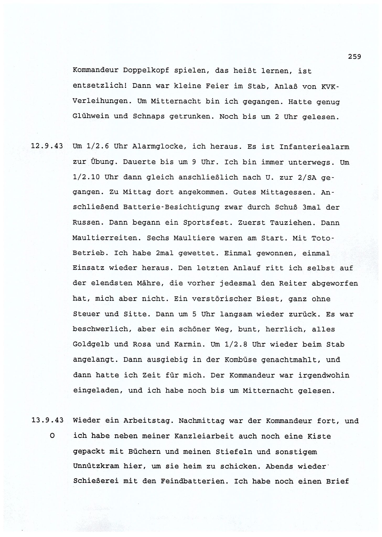 Dagbokopptegnelser av en tysk marineoffiser stasjonert i Norge , FMFB/A-1160/F/L0001: Dagbokopptegnelser av en tysk marineoffiser stasjonert i Norge, 1941-1944, p. 259