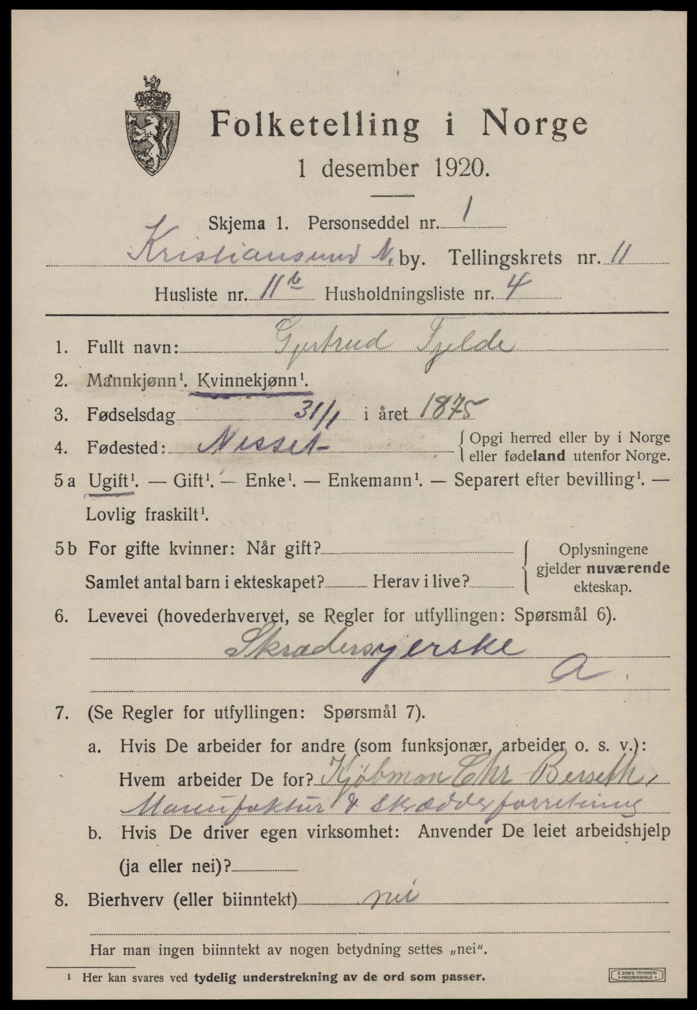 SAT, 1920 census for Kristiansund, 1920, p. 24287