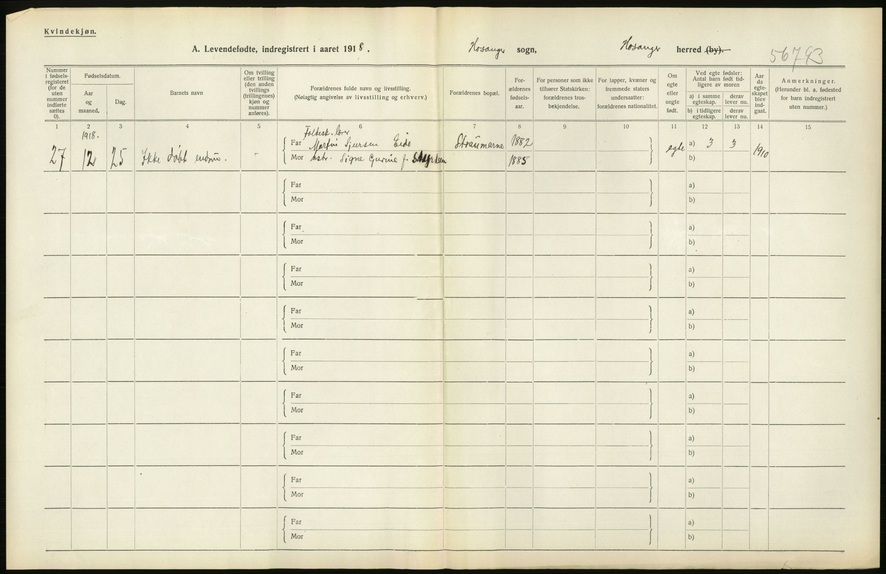 Statistisk sentralbyrå, Sosiodemografiske emner, Befolkning, RA/S-2228/D/Df/Dfb/Dfbh/L0034: Hordaland fylke: Levendefødte menn og kvinner. Bygder., 1918, p. 196