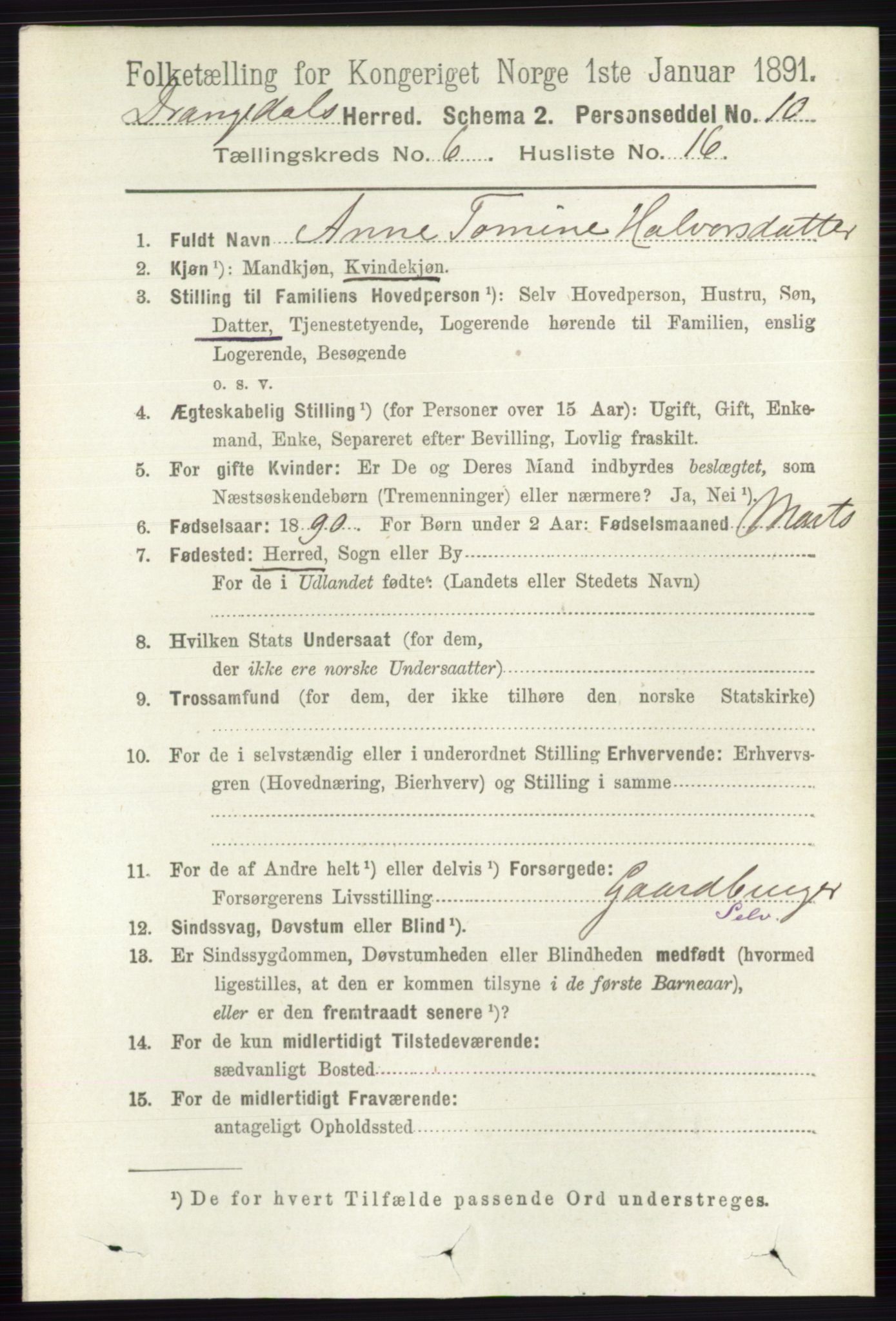 RA, 1891 census for 0817 Drangedal, 1891, p. 2107