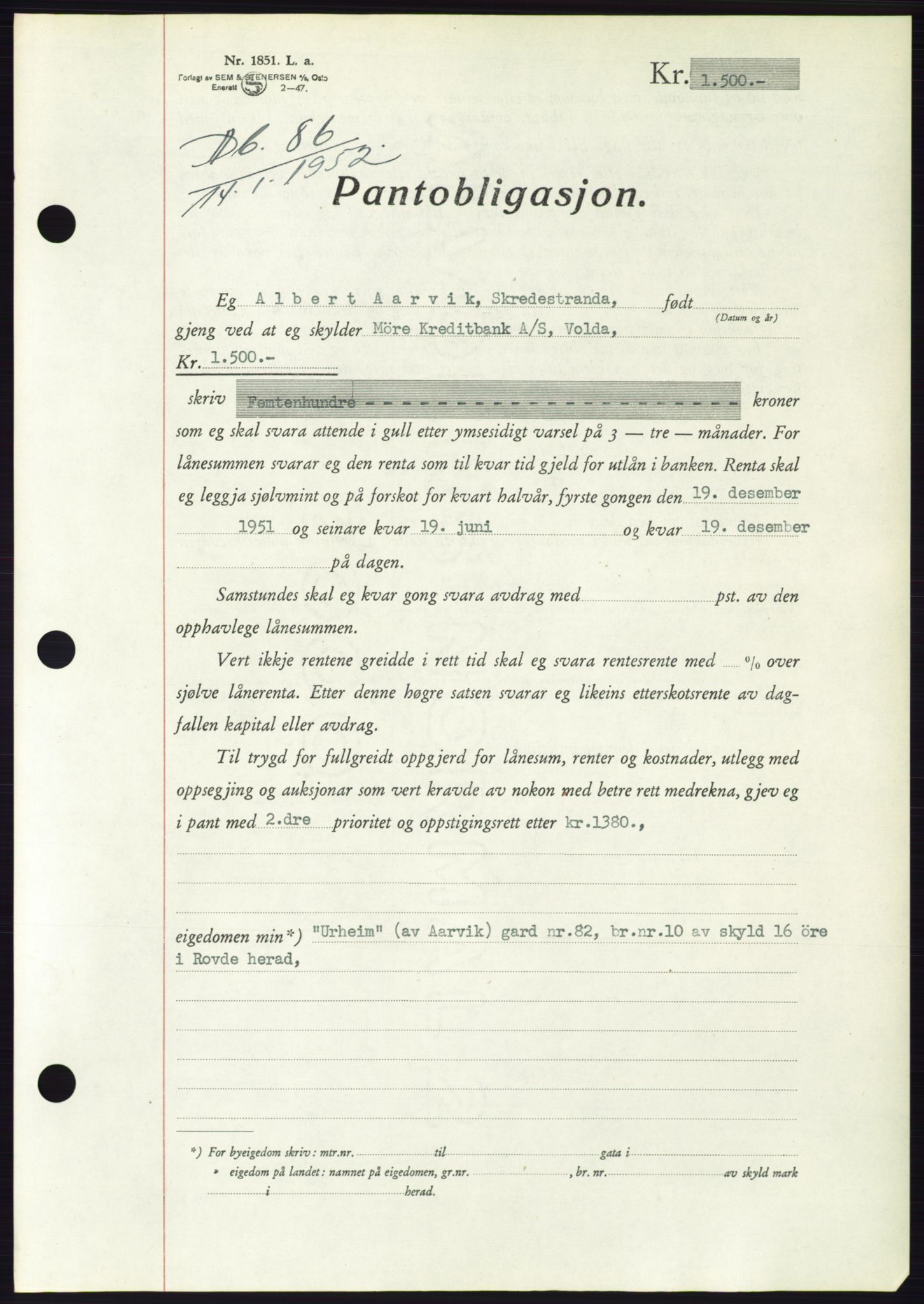 Søre Sunnmøre sorenskriveri, AV/SAT-A-4122/1/2/2C/L0121: Mortgage book no. 9B, 1951-1952, Diary no: : 86/1952