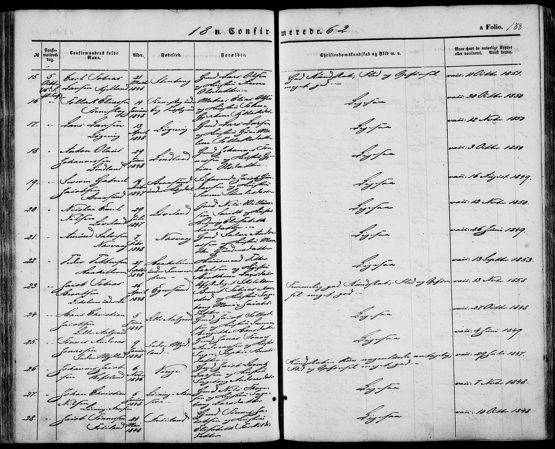 Sokndal sokneprestkontor, AV/SAST-A-101808: Parish register (official) no. A 9, 1857-1874, p. 188