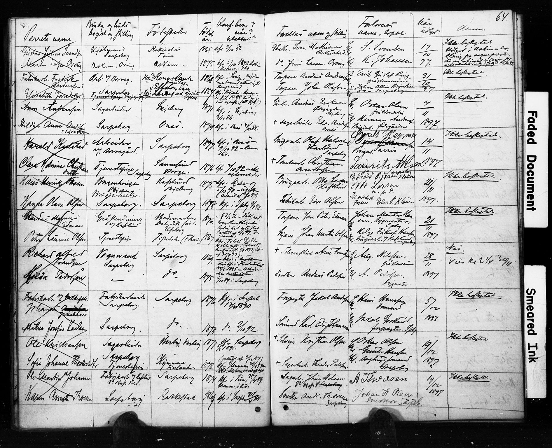 Sarpsborg prestekontor Kirkebøker, SAO/A-2006/H/Ha/L0001: Banns register no. 1, 1859-1904, p. 64