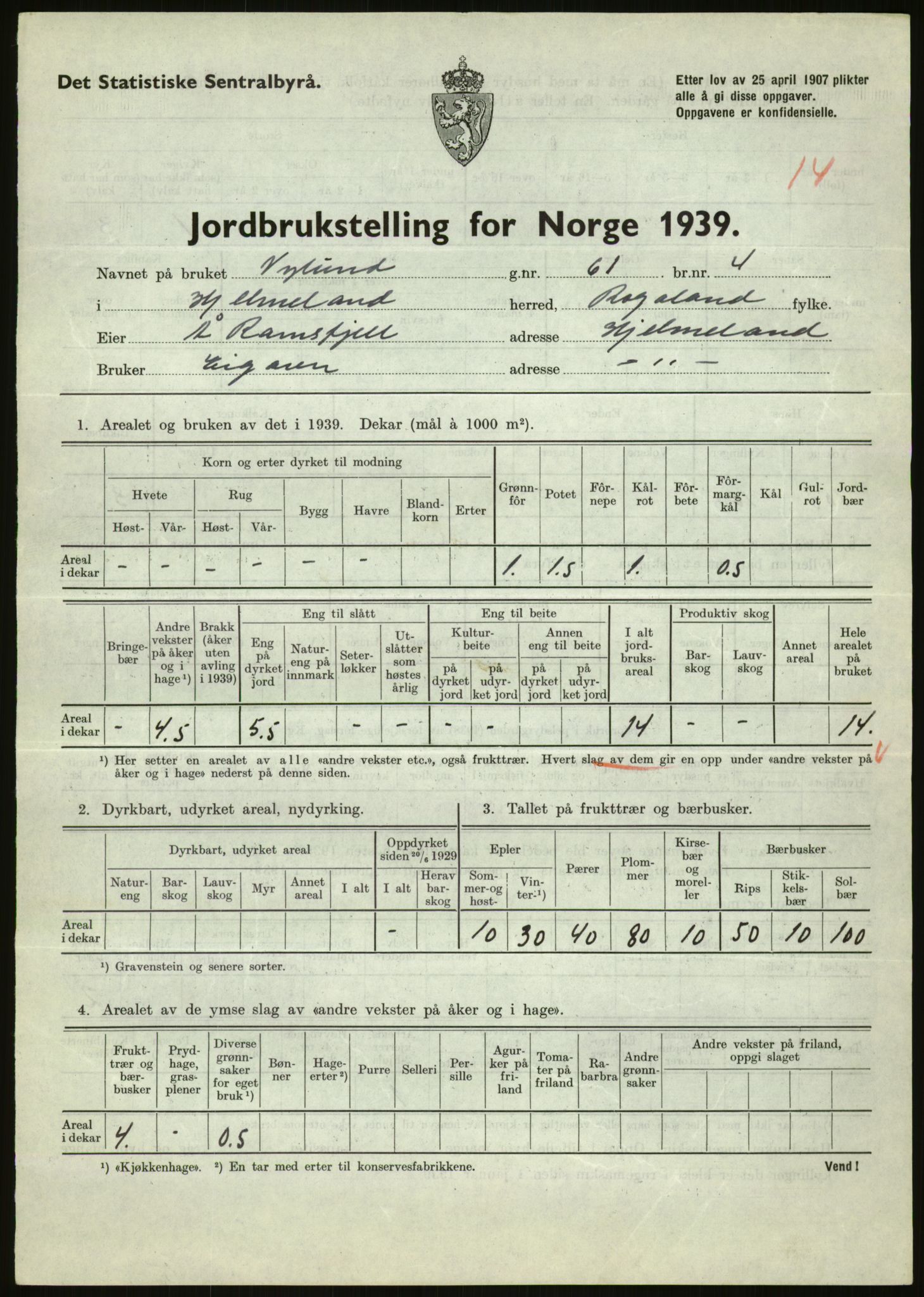 Statistisk sentralbyrå, Næringsøkonomiske emner, Jordbruk, skogbruk, jakt, fiske og fangst, AV/RA-S-2234/G/Gb/L0184: Rogaland: Årdal, Fister og Hjelmeland, 1939, p. 1151