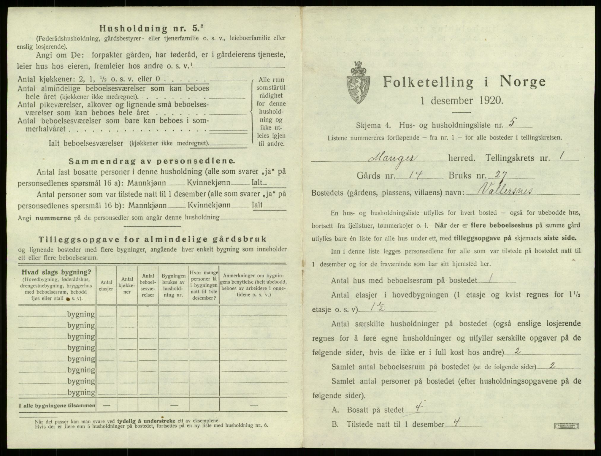 SAB, 1920 census for Manger, 1920, p. 68