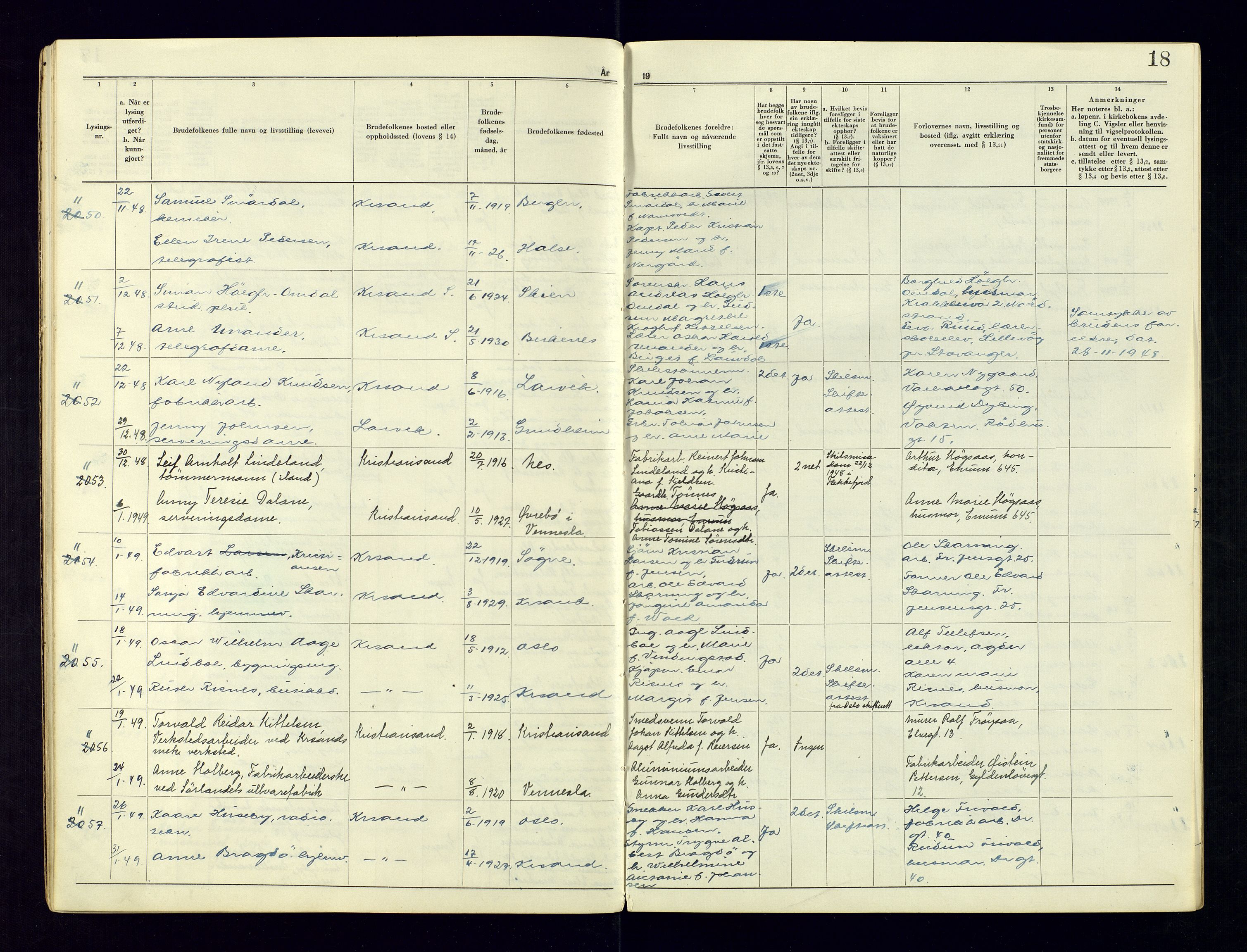 Kristiansand byrett - 2, AV/SAK-1223-0002/I/Ib/L0149/0004: Vigselbøker og lysningsbøker / Lysningsbok, 1946-1961, p. 18