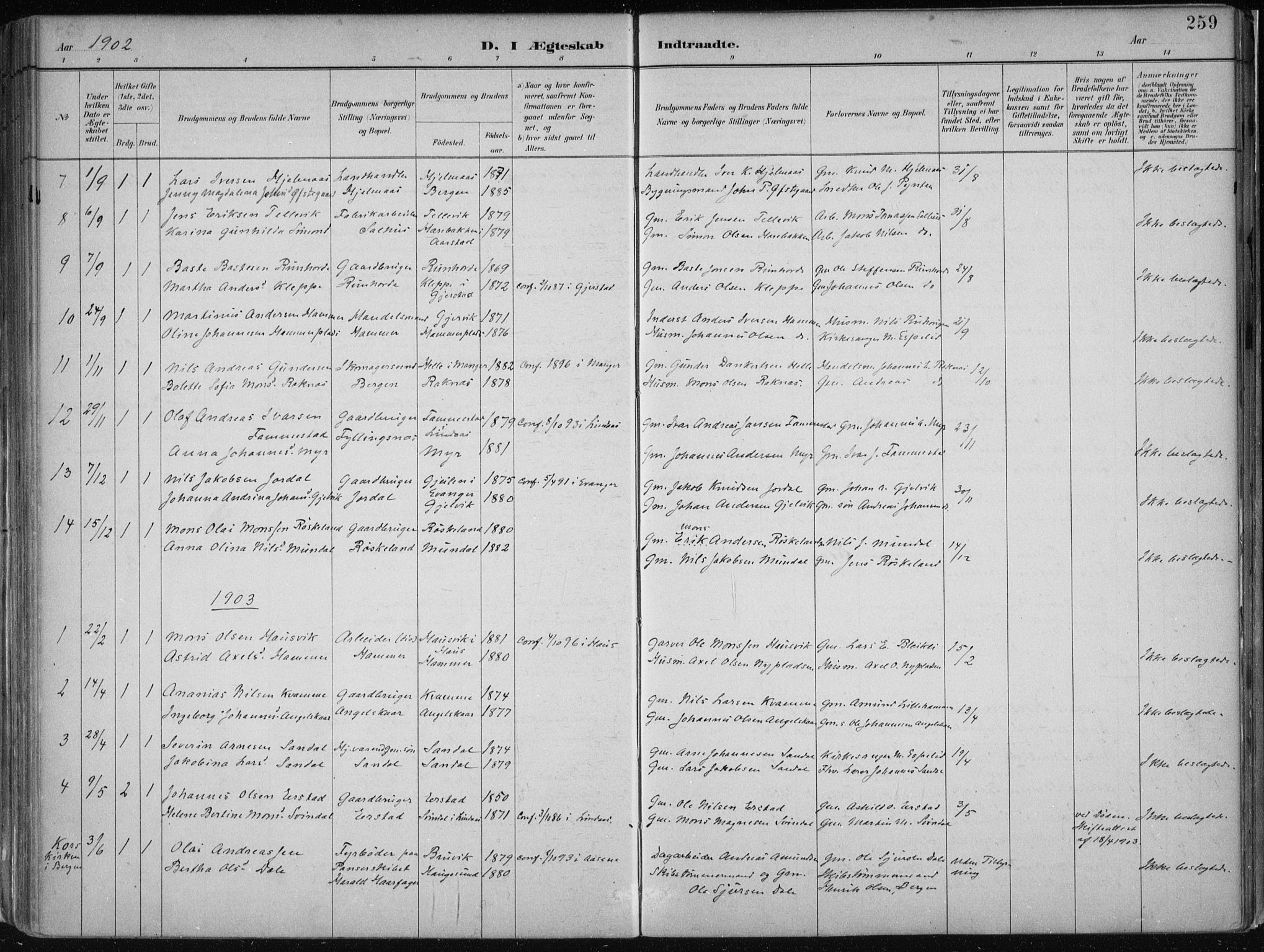 Hamre sokneprestembete, AV/SAB-A-75501/H/Ha/Haa/Haab/L0001: Parish register (official) no. B  1, 1882-1905, p. 259