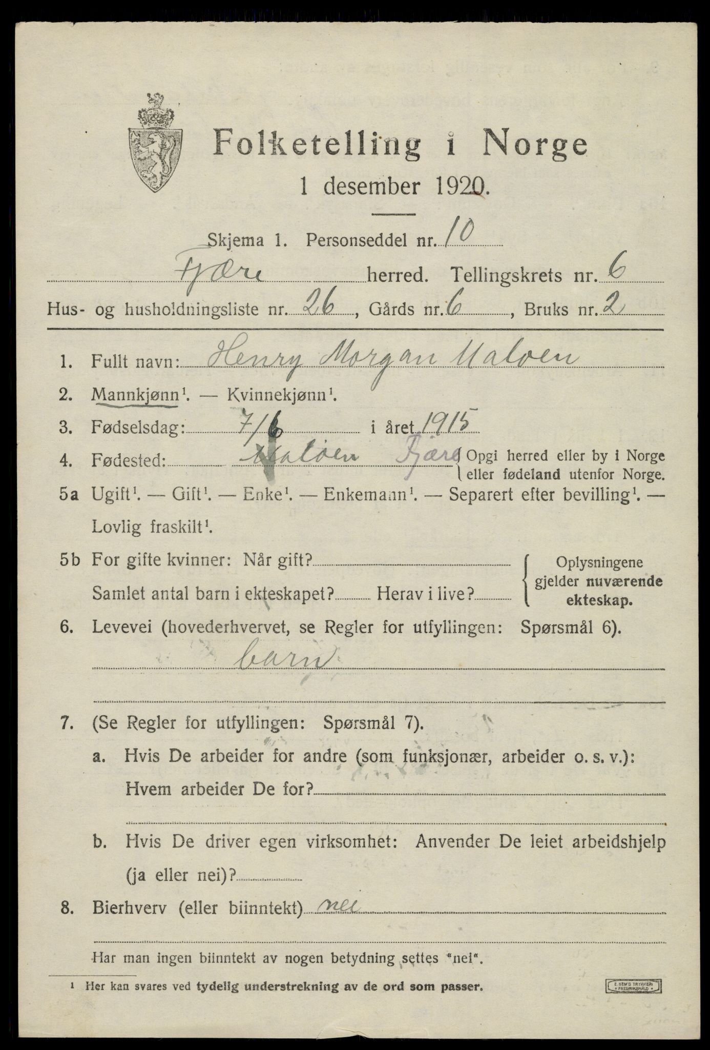 SAK, 1920 census for Fjære, 1920, p. 8539