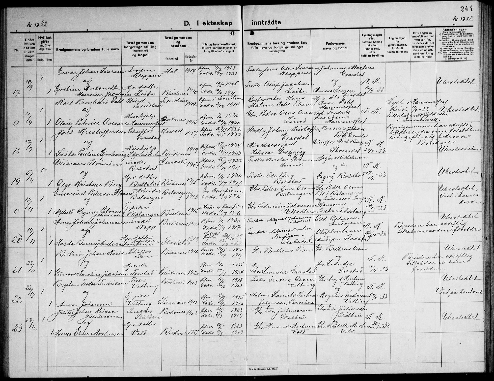 Ministerialprotokoller, klokkerbøker og fødselsregistre - Nordland, AV/SAT-A-1459/881/L1170: Parish register (copy) no. 881C07, 1930-1943, p. 244