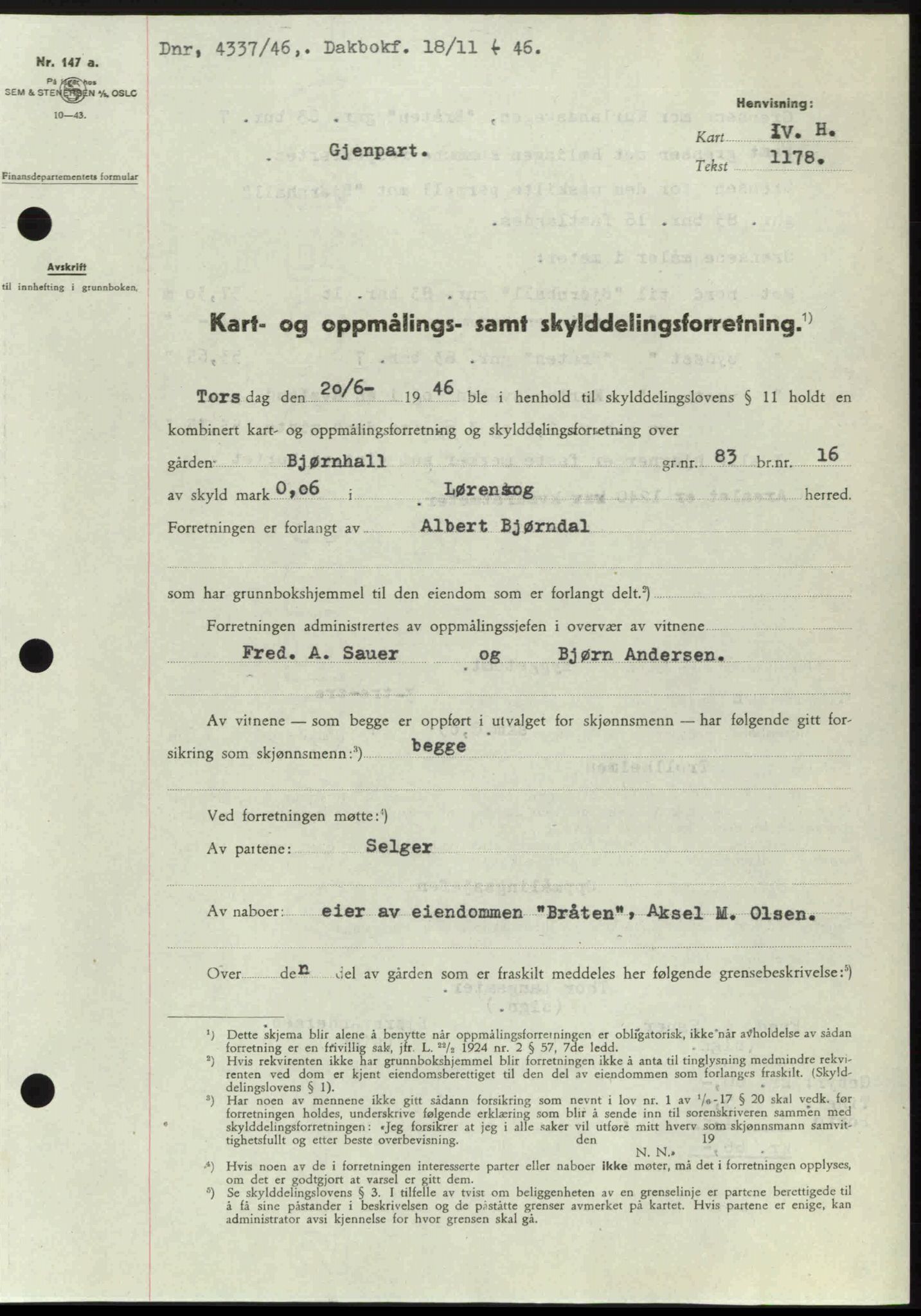 Nedre Romerike sorenskriveri, AV/SAO-A-10469/G/Gb/Gbd/L0017: Mortgage book no. 17, 1946-1946, Diary no: : 4337/1946