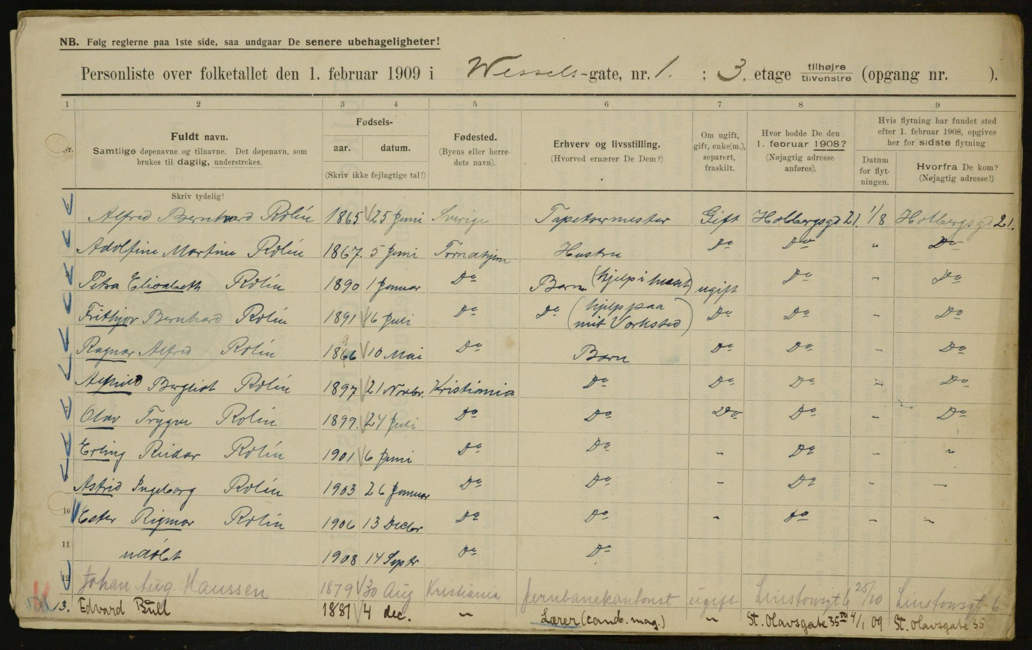 OBA, Municipal Census 1909 for Kristiania, 1909, p. 116085