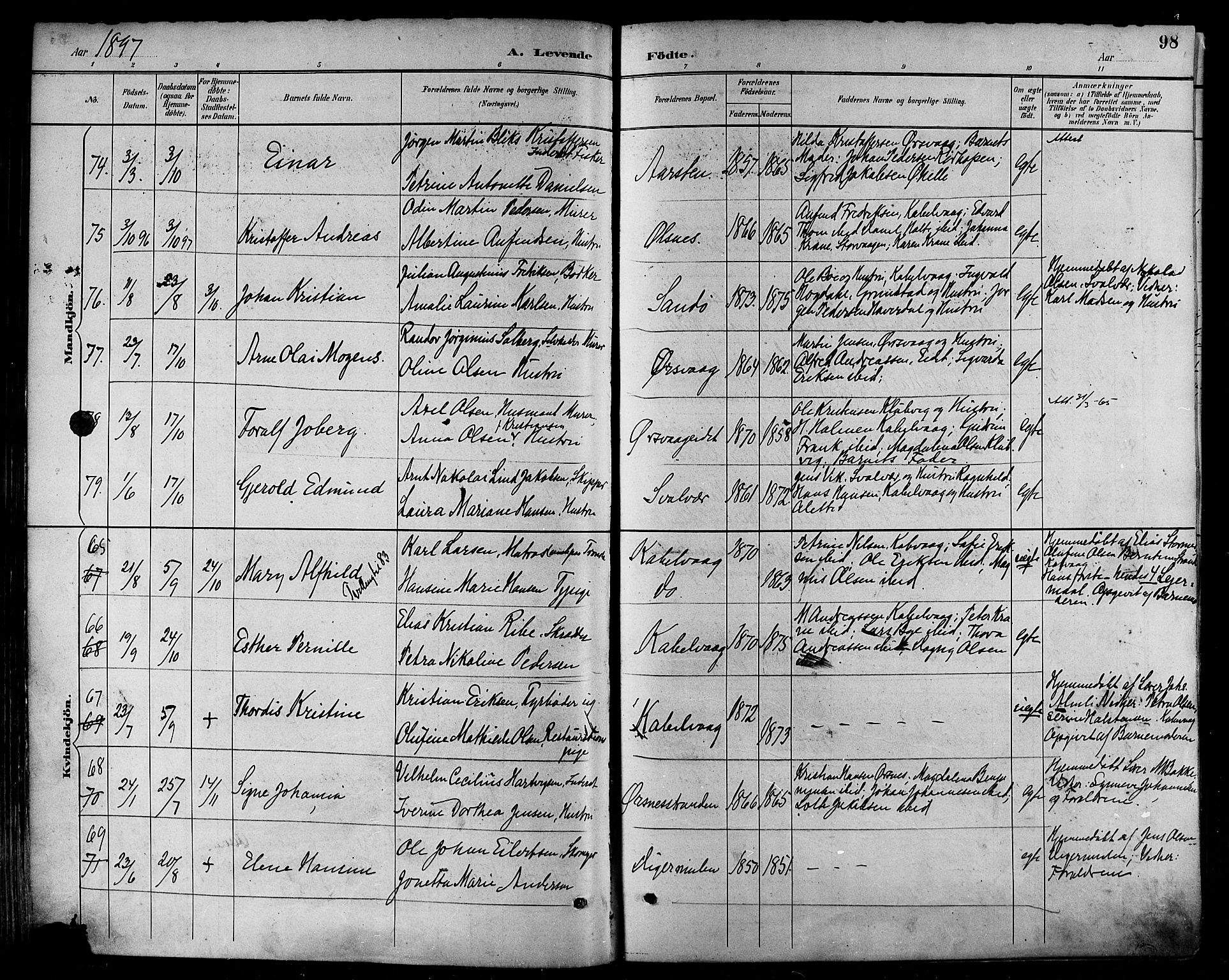 Ministerialprotokoller, klokkerbøker og fødselsregistre - Nordland, AV/SAT-A-1459/874/L1060: Parish register (official) no. 874A04, 1890-1899, p. 98