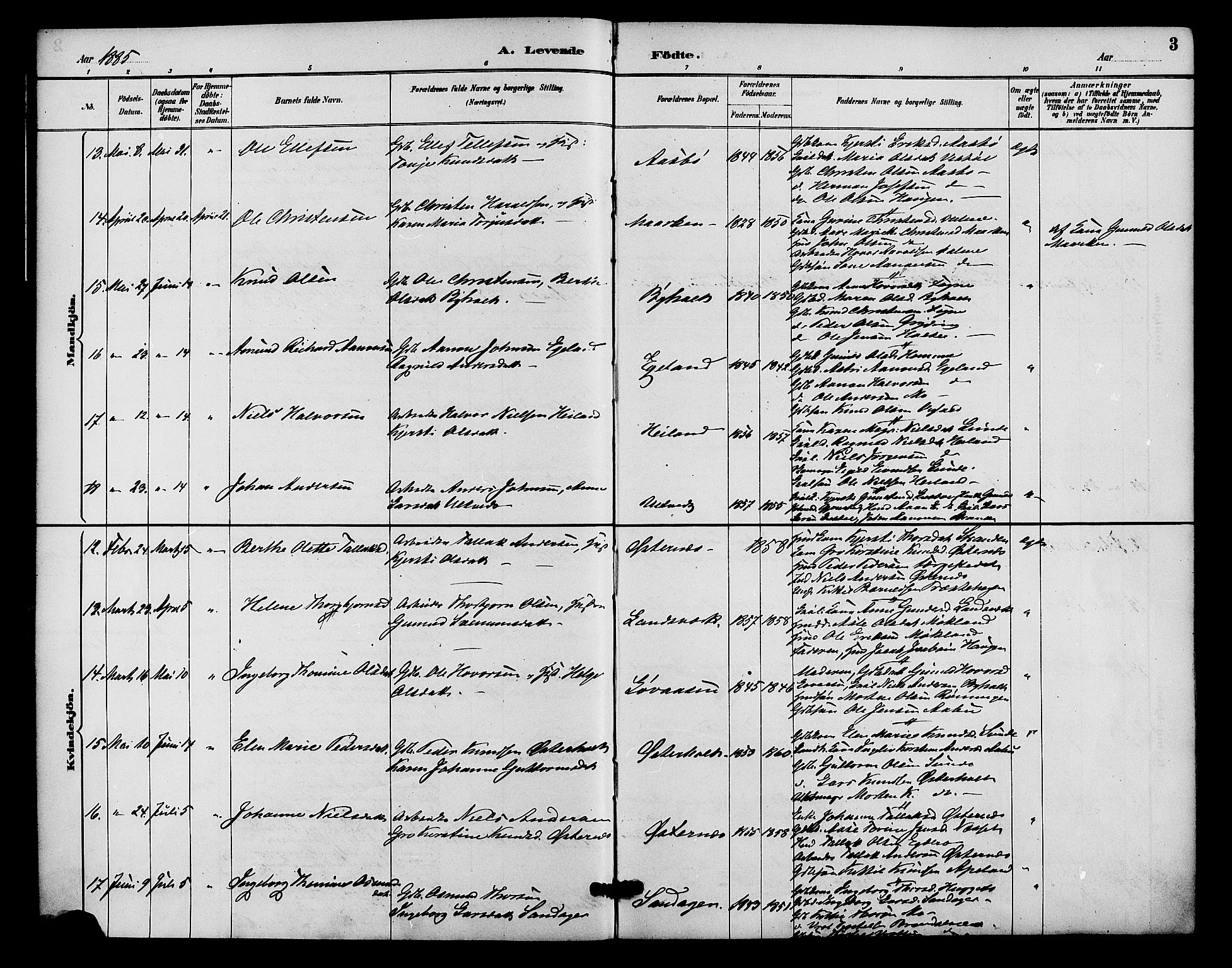 Gjerstad sokneprestkontor, SAK/1111-0014/F/Fa/Faa/L0009: Parish register (official) no. A 9, 1885-1890, p. 3