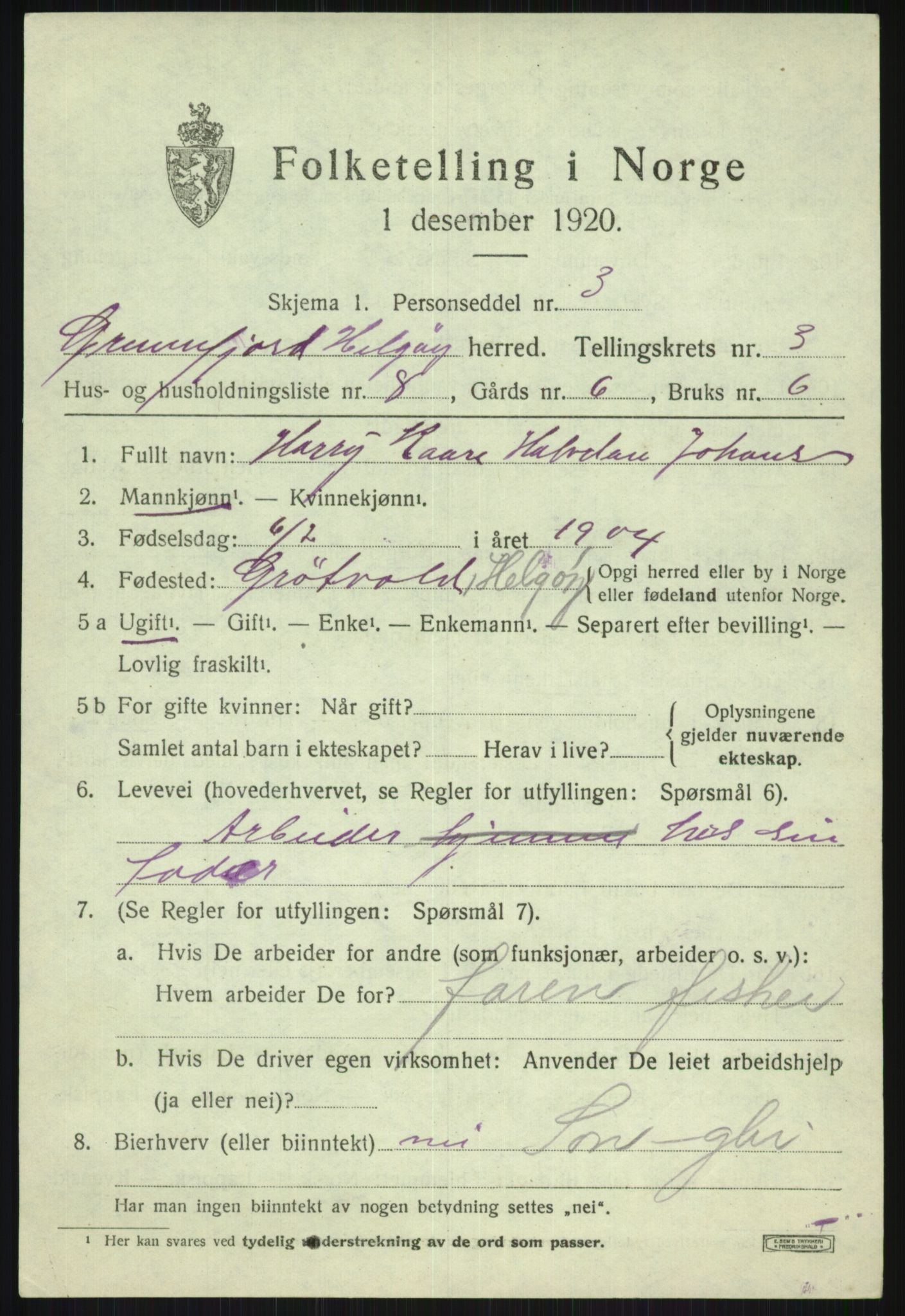 SATØ, 1920 census for Helgøy, 1920, p. 1473