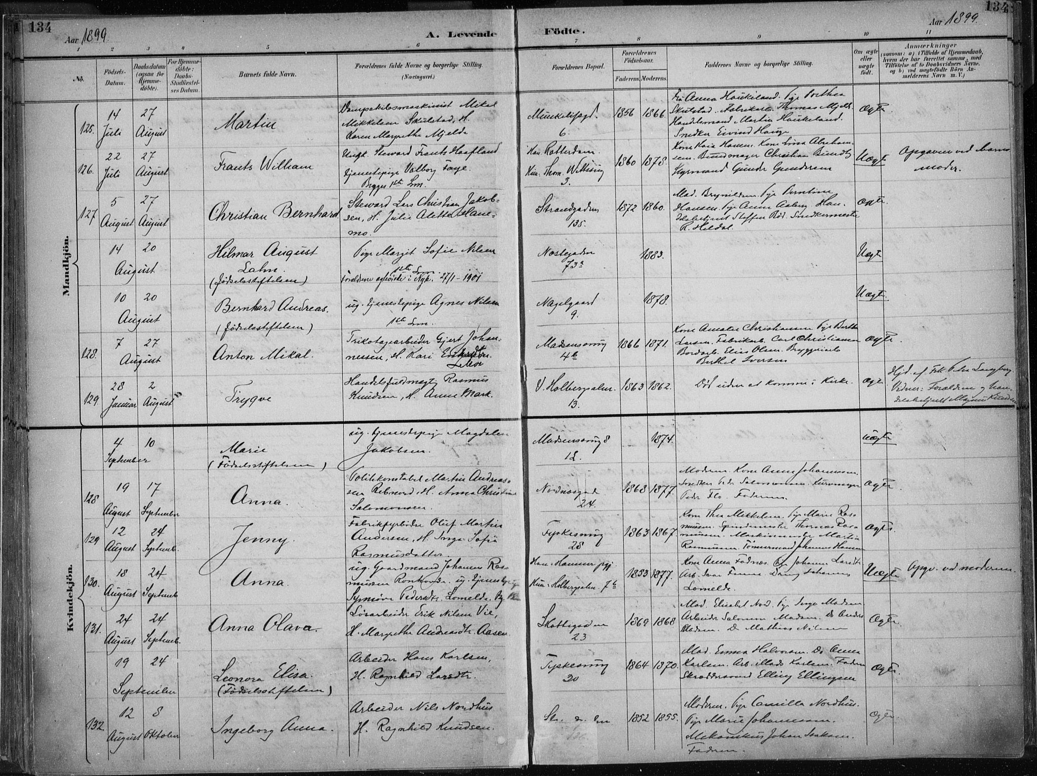 Nykirken Sokneprestembete, AV/SAB-A-77101/H/Haa/L0018: Parish register (official) no. B 6, 1895-1903, p. 134