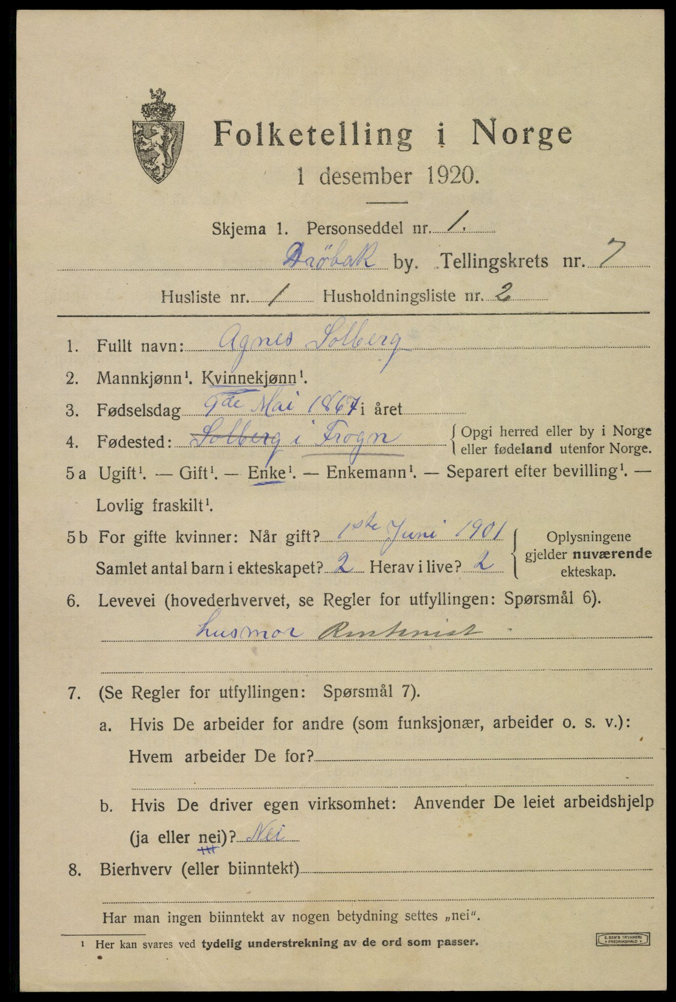 SAO, 1920 census for Drøbak, 1920, p. 5555