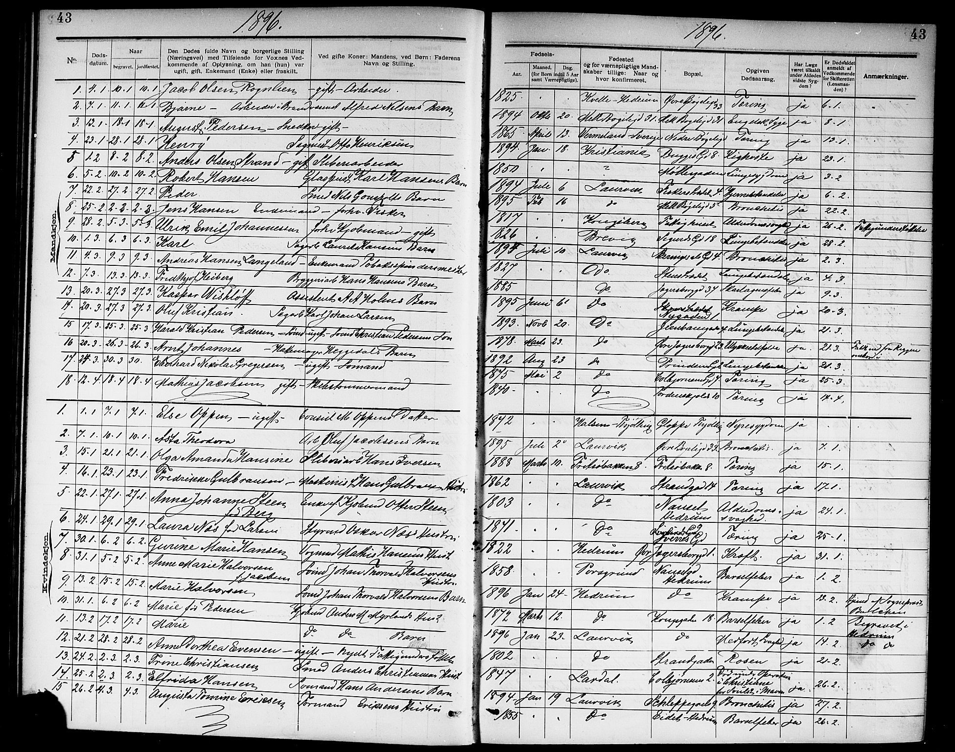 Larvik kirkebøker, SAKO/A-352/G/Ga/L0007: Parish register (copy) no. I 7, 1888-1918, p. 43