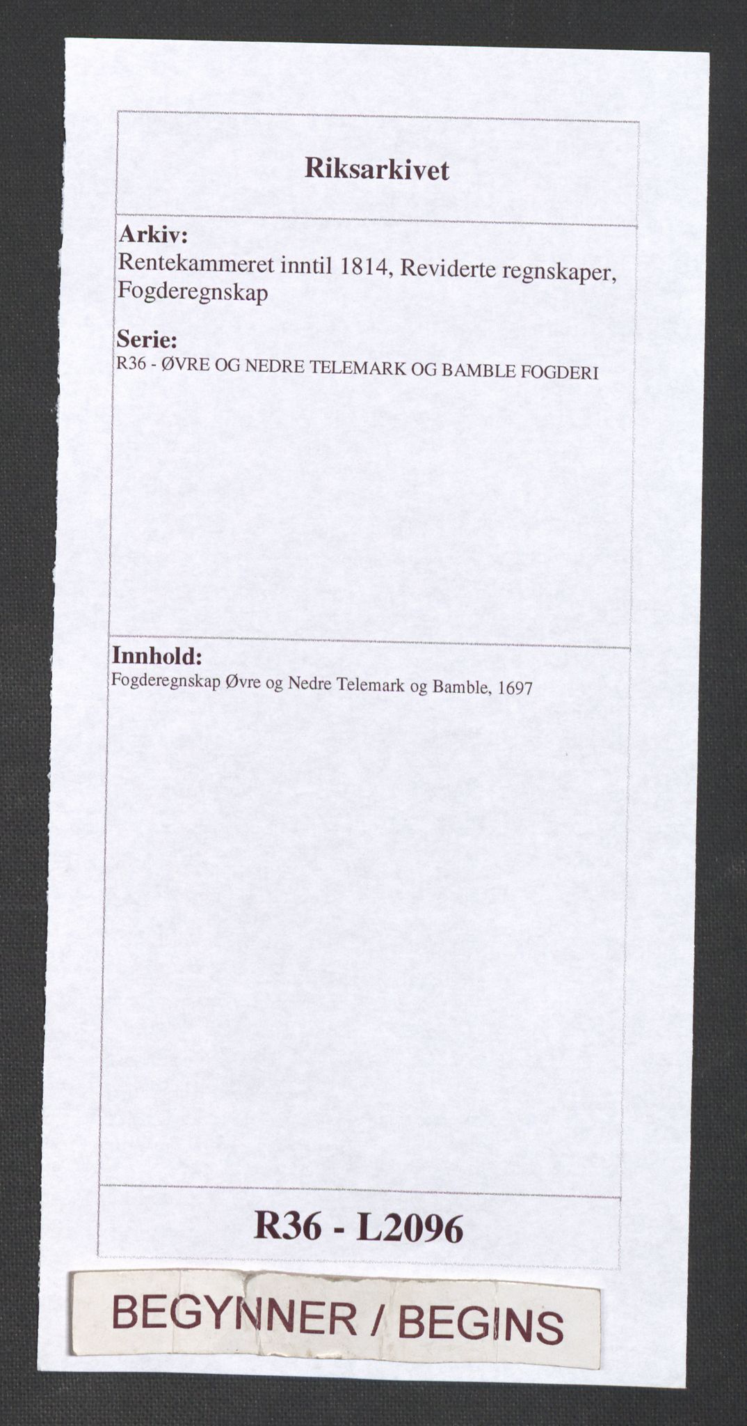 Rentekammeret inntil 1814, Reviderte regnskaper, Fogderegnskap, AV/RA-EA-4092/R36/L2096: Fogderegnskap Øvre og Nedre Telemark og Bamble, 1697, p. 1