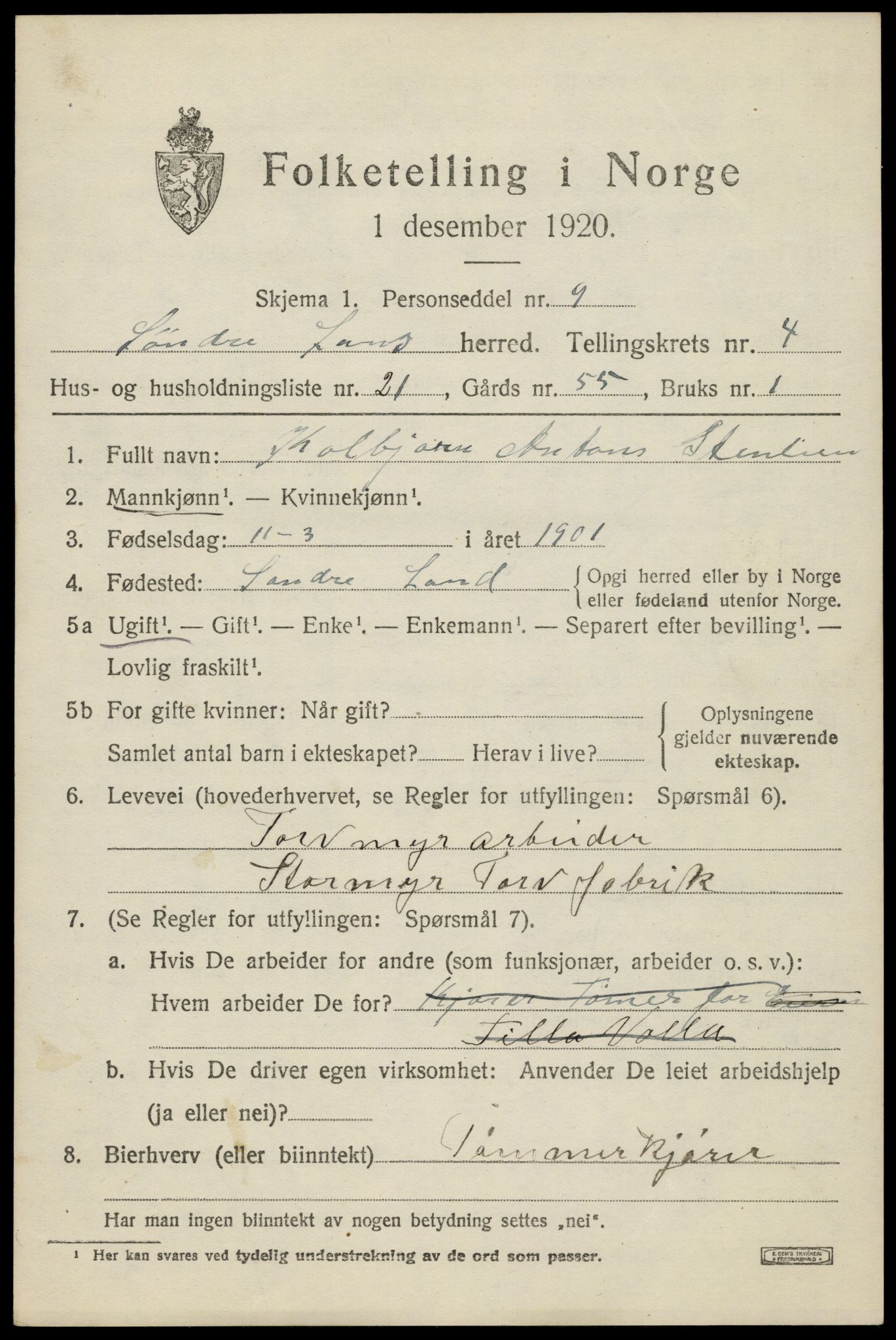 SAH, 1920 census for Søndre Land, 1920, p. 4951