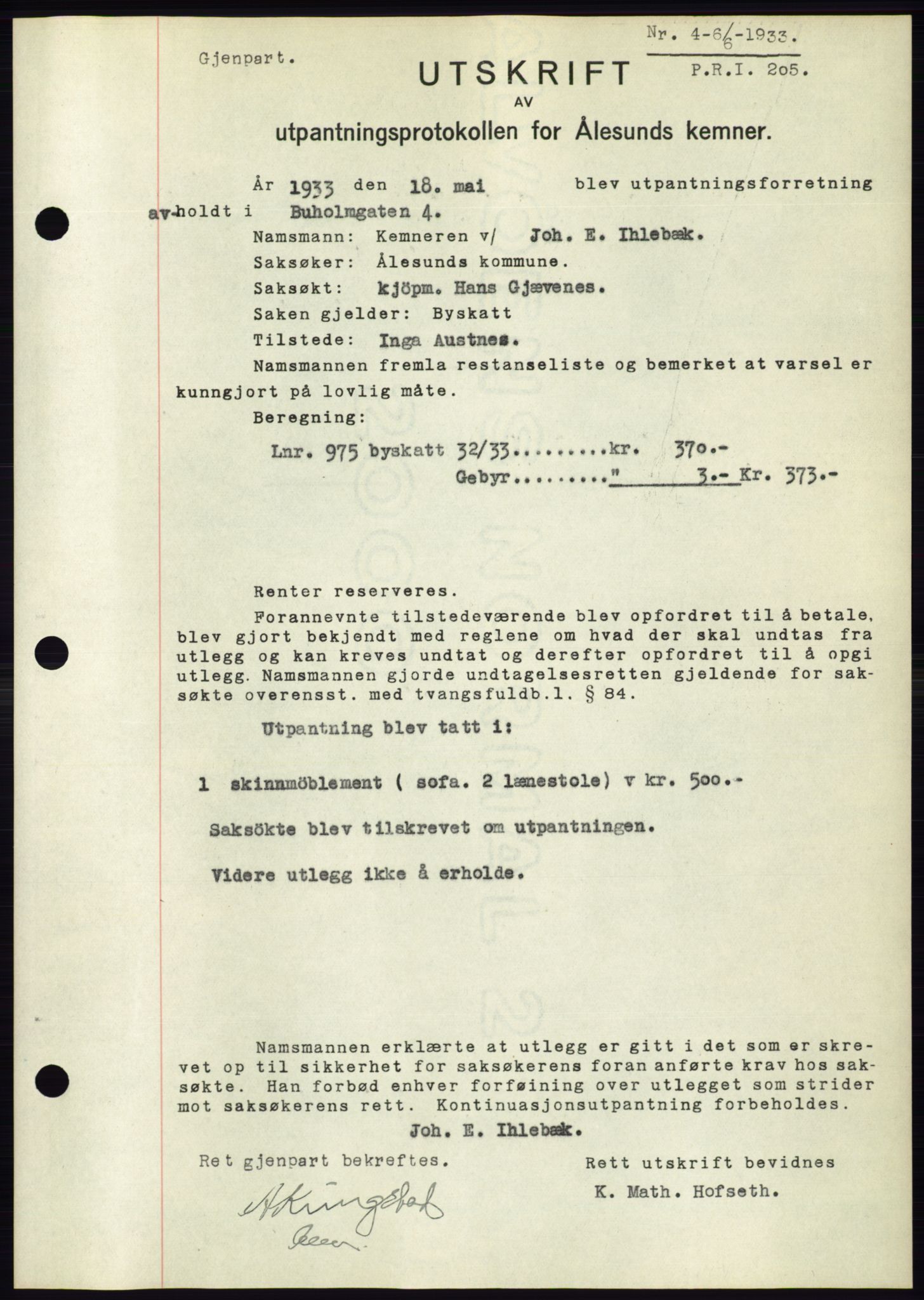 Ålesund byfogd, AV/SAT-A-4384: Mortgage book no. 30, 1932-1933, Deed date: 06.06.1933