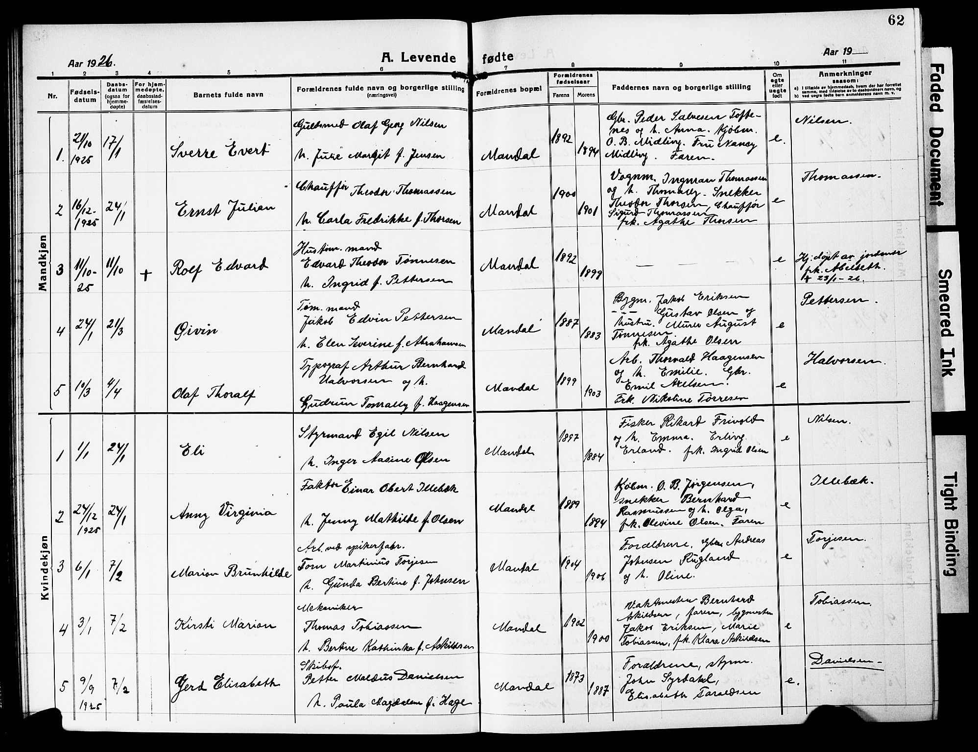 Mandal sokneprestkontor, AV/SAK-1111-0030/F/Fb/Fbc/L0001: Parish register (copy) no. B 1, 1918-1931, p. 62