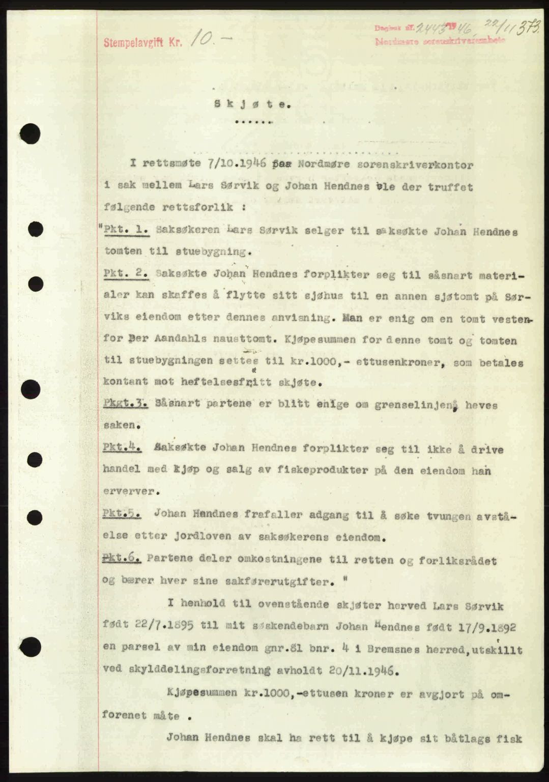 Nordmøre sorenskriveri, AV/SAT-A-4132/1/2/2Ca: Mortgage book no. A103, 1946-1947, Diary no: : 2443/1946