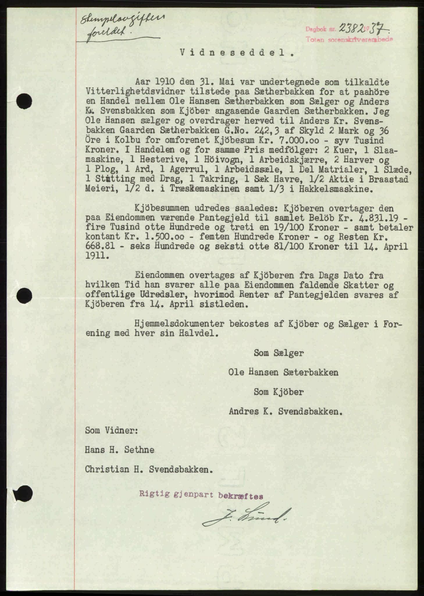 Toten tingrett, SAH/TING-006/H/Hb/Hbc/L0003: Mortgage book no. Hbc-03, 1937-1938, Diary no: : 2382/1937