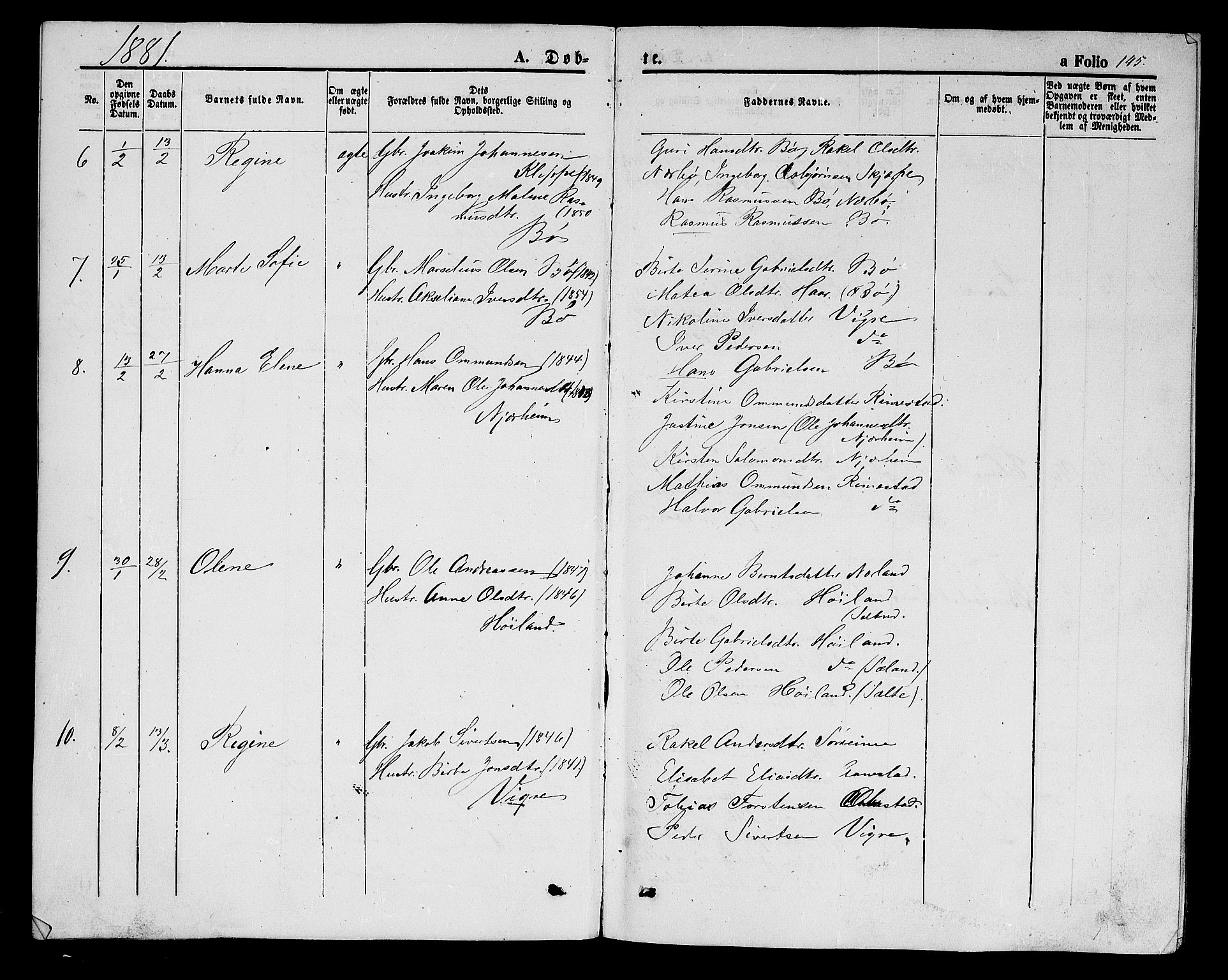 Hå sokneprestkontor, AV/SAST-A-101801/001/30BB/L0001: Parish register (copy) no. B 1, 1854-1883, p. 145